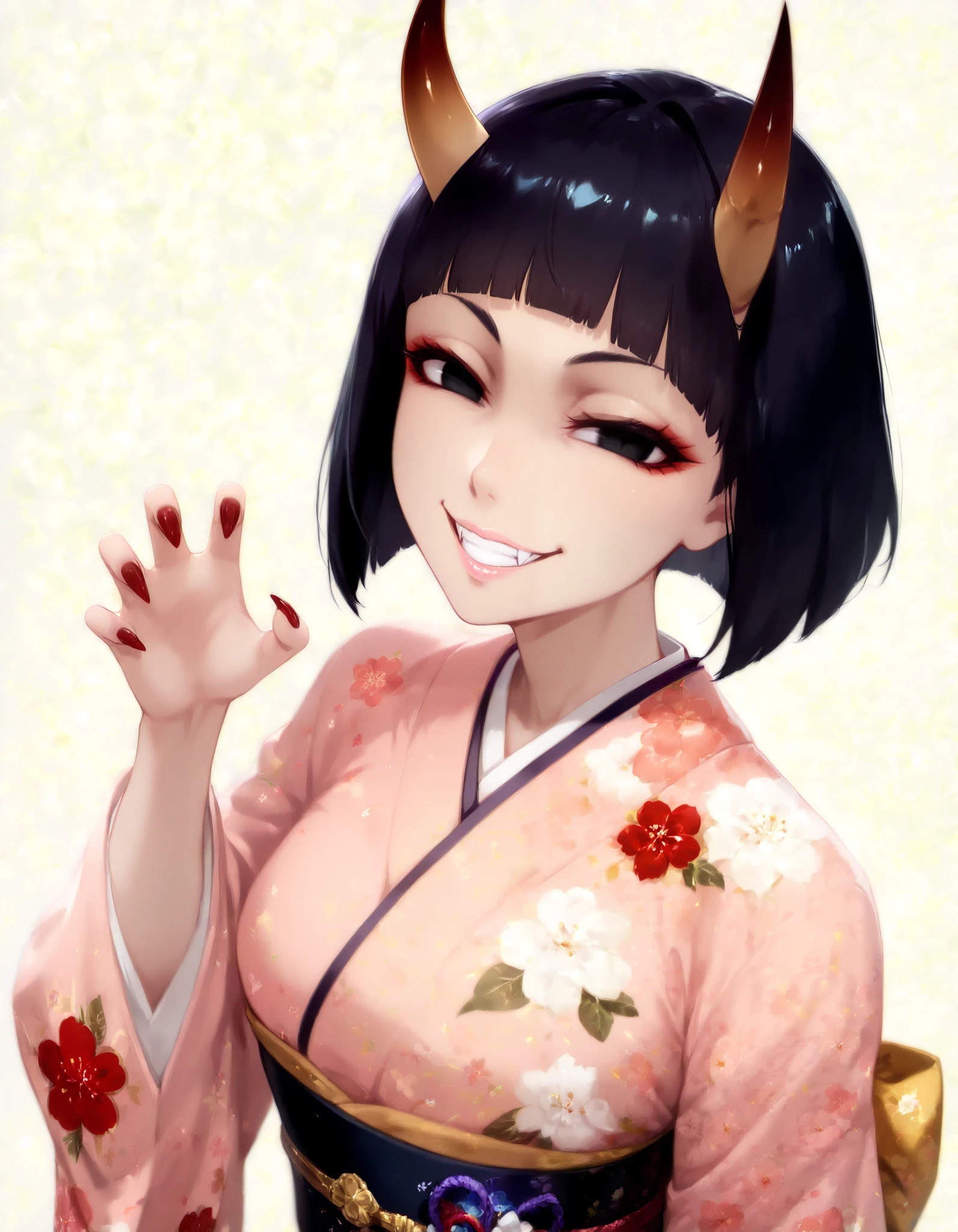 score_9, score_8_up, score_7_up, (1girl, solo), (upper body, looking at viewer), (black short hair, bob cut, blunt bangs), (h-oni, brown ONI horns), black eyes, (light pink lips, lips focus, (long fangs:1.1)), (evil smile, grin:1.3), (Japanese clothes, kimono, floral print, sash, long sleeves, obi), (claw pose, red craws), (simple background, grey background)