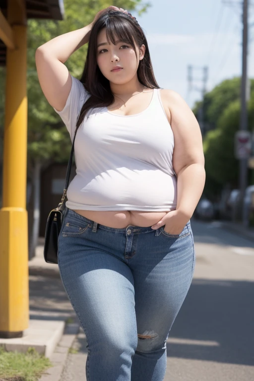Femme très grosse, profil, debout de profil , Makima, bbwchan, cheveux rouges et yeux jaunes, double menton, elle carresse son gros ventre mou et rebondi, full belly, aftermath, gros ventre rond, en forme de boule sous le jean taille haute. Elle porte un jean taille très haute et un haut en dentelle, belle lumière sur elle, magnifique femme obese