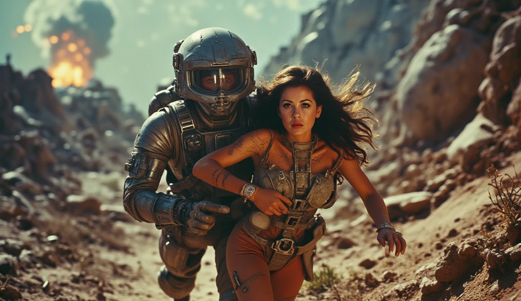 Generate an image of man and women hiding from an alien on another planet