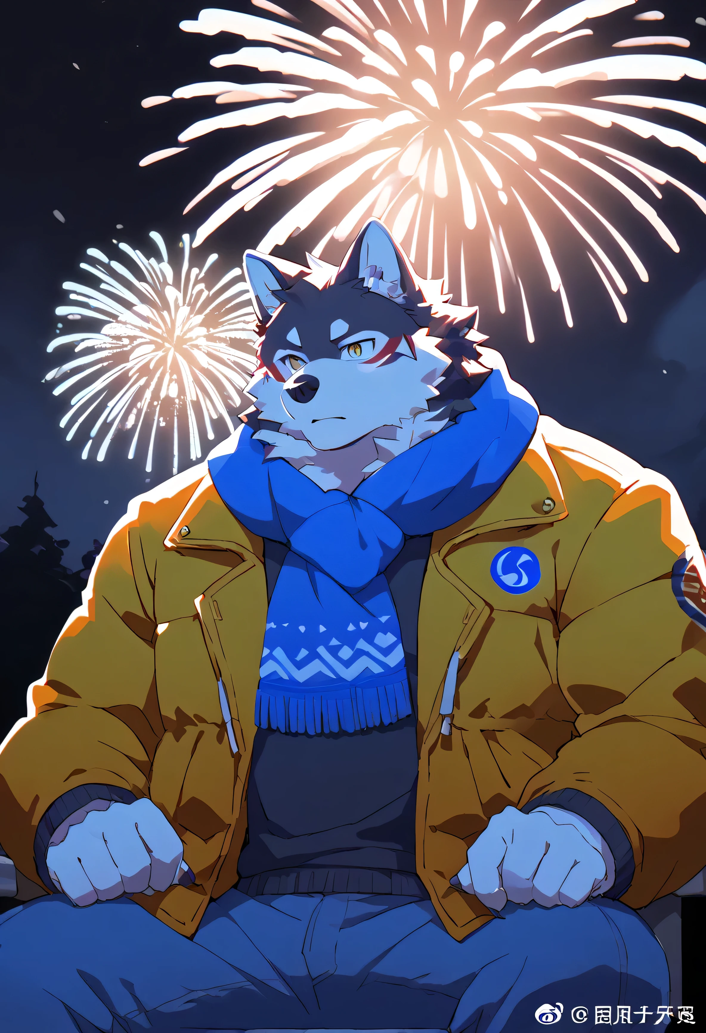 anime-like cartoon, ultra high detailed, 2k, clear detailed, ultra resolution. furry, furry only. Wolf, anthro wolf, no hair, big and fluffy tai. He wearing a jacket, blue jeans and scarf staying in a park, sitting on chair. He is watching fireworks show, foresight, night time, dark sky, winter, cold
