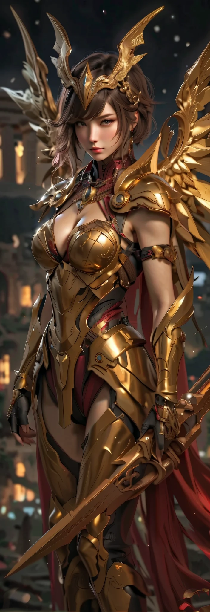 (8K, ultra high resolution), very detailed, super resolution, (original photo: 1.37), a young and beautiful Japanese girl, an extremely beautiful face, fair skin, blue eyes, stylish short brown hair, wearing a golden crown shaped like wings, dressed in golden armor, underneath the armor wearing a red bodysuit, revealing cleavage, large breasts, with a pair of large golden metallic wings behind her, a girl wearing golden bracelets, full body shot, with a background of a night Greek temple, she strikes a captivating pose.