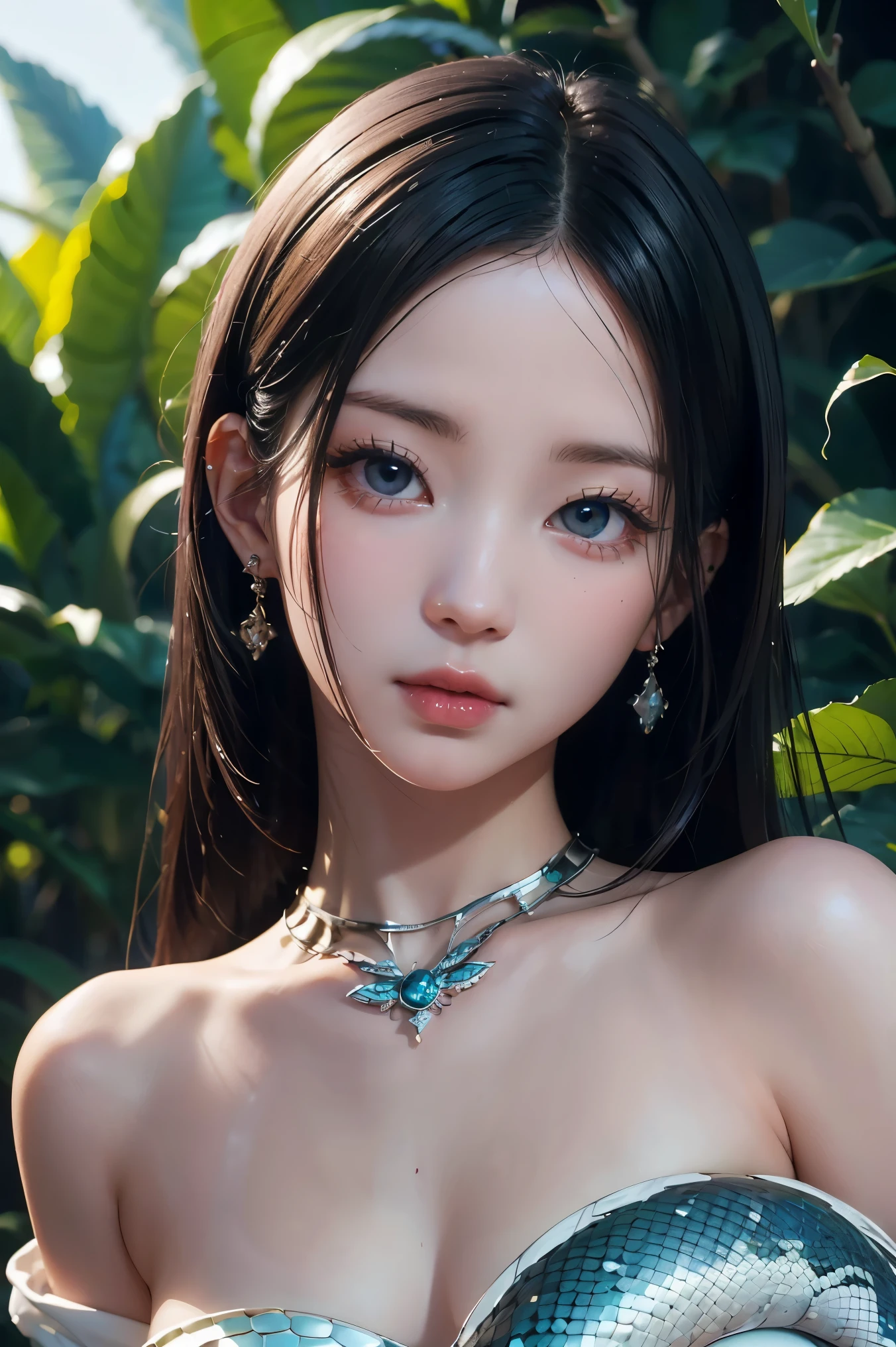 Photo of A beautiful girl, Dark hair. Piercing eyes. White skin. Snake. Enigmatic gaze. Elegant posture. Shimmering scales. Deep silence. Mysterious aura., (masterpiece, best quality:1.2), background, bokeh, Depth of field, 4k, whimsical