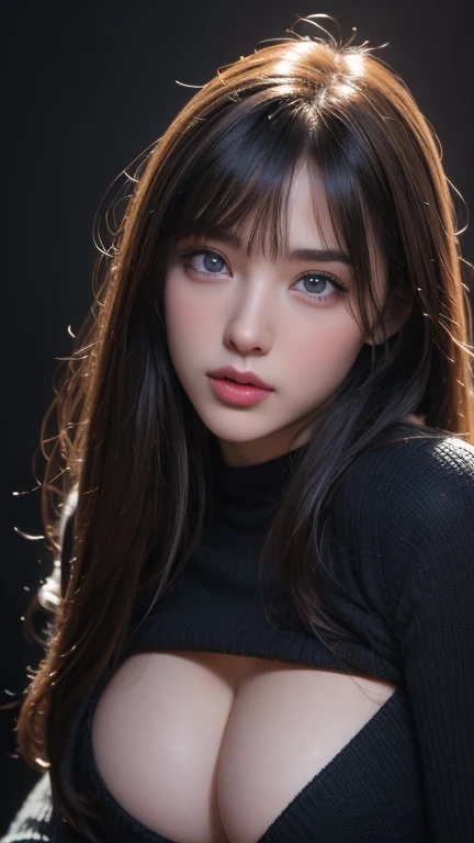 masterpiece, highest quality, Super detailed, Facing the camera, 複雑に詳細なSuper detailed, Realistic, Sharp features, Very detailed, Sharp focus, Perfect Face, Perfect Face, Perfect symmetrical perfect eyes, Perfect Plump Lips, Flexible female form, Cinematic, Film Light, Super detailed, hyper Realistic, masterpiece, Atmospheric, High resolution, Vibrant, Dynamic Studio Lighting, ((Dark Background)), The expression when receiving pleasure, Straight bangs, blue eyes,Black sweater, Cowboy Shot,