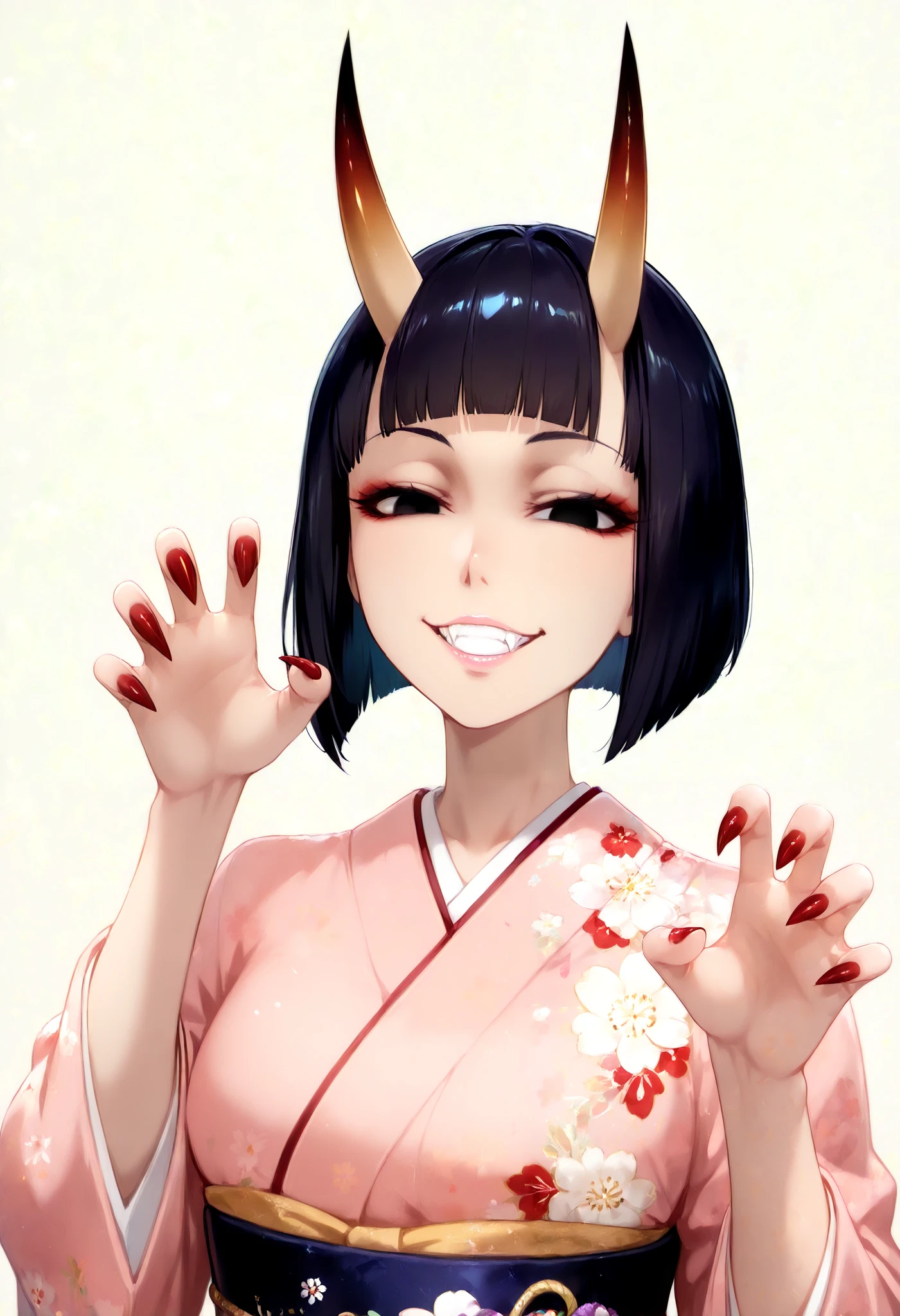 score_9, score_8_up, score_7_up, (1girl, solo), (upper body, portrait), (black short hair, bob cut, blunt bangs), (h-oni, brown ONI horns), black eyes, (light pink lips, lips focus, long fangs), (evil smile, grin:1.3), (Japanese clothes, kimono, floral print, sash, long sleeves, obi), (claw pose, red claws), (simple background, grey background)