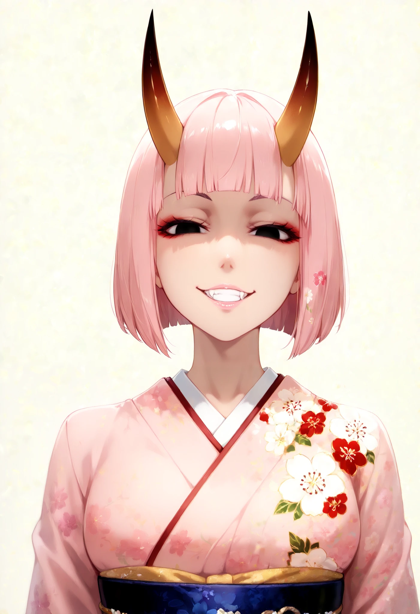 score_9, score_8_up, score_7_up, (1girl, solo), (upper body, portrait), (black short hair, bob cut, blunt bangs), (h-oni, brown ONI horns), black eyes, (light pink lips, lips focus, long fangs), (evil smile, grin:1.3), (Japanese clothes, kimono, floral print, sash, long sleeves, obi), (simple background, grey background)