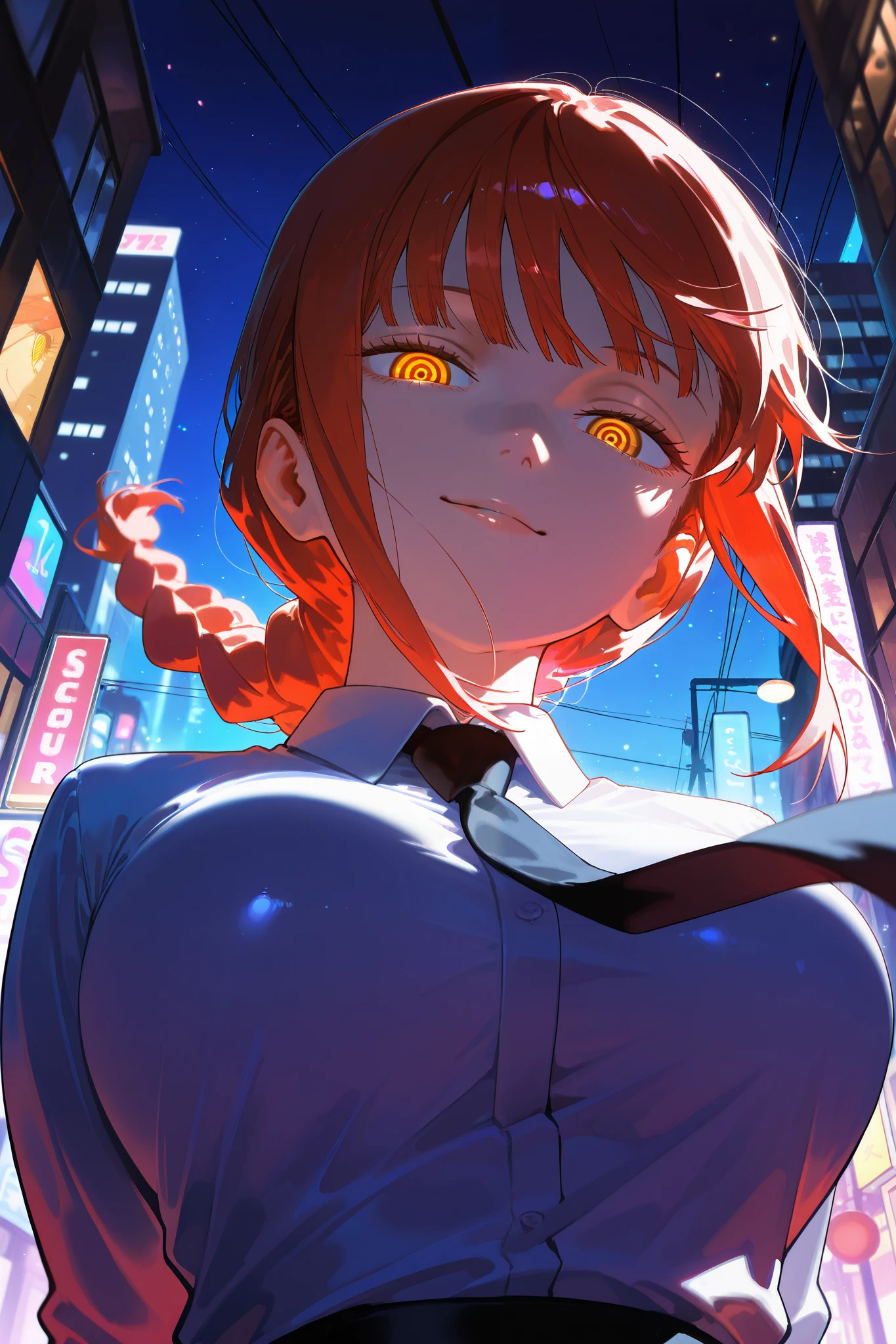 masterpiece, best quality, amazing quality, very aesthetic, high resolution, ultra-detailed, absurdres, depth of field, volumetric lighting, newest, scenery, colorful, dynamic, from below, dutch angle, highest detailed, upper body, mature female, makima_(chainsaw_man), braided ponytail, red hair, yellow eyes, blunt bangs, ringed eyes, formal, large breasts, lips, smirk, shaded face, dynamic pose, street, city, perfect night, looking at viewer, light particles, (face focus:0.7), BREAK, detailed background, detailed foreground, extremely detailed eyes, rim light,