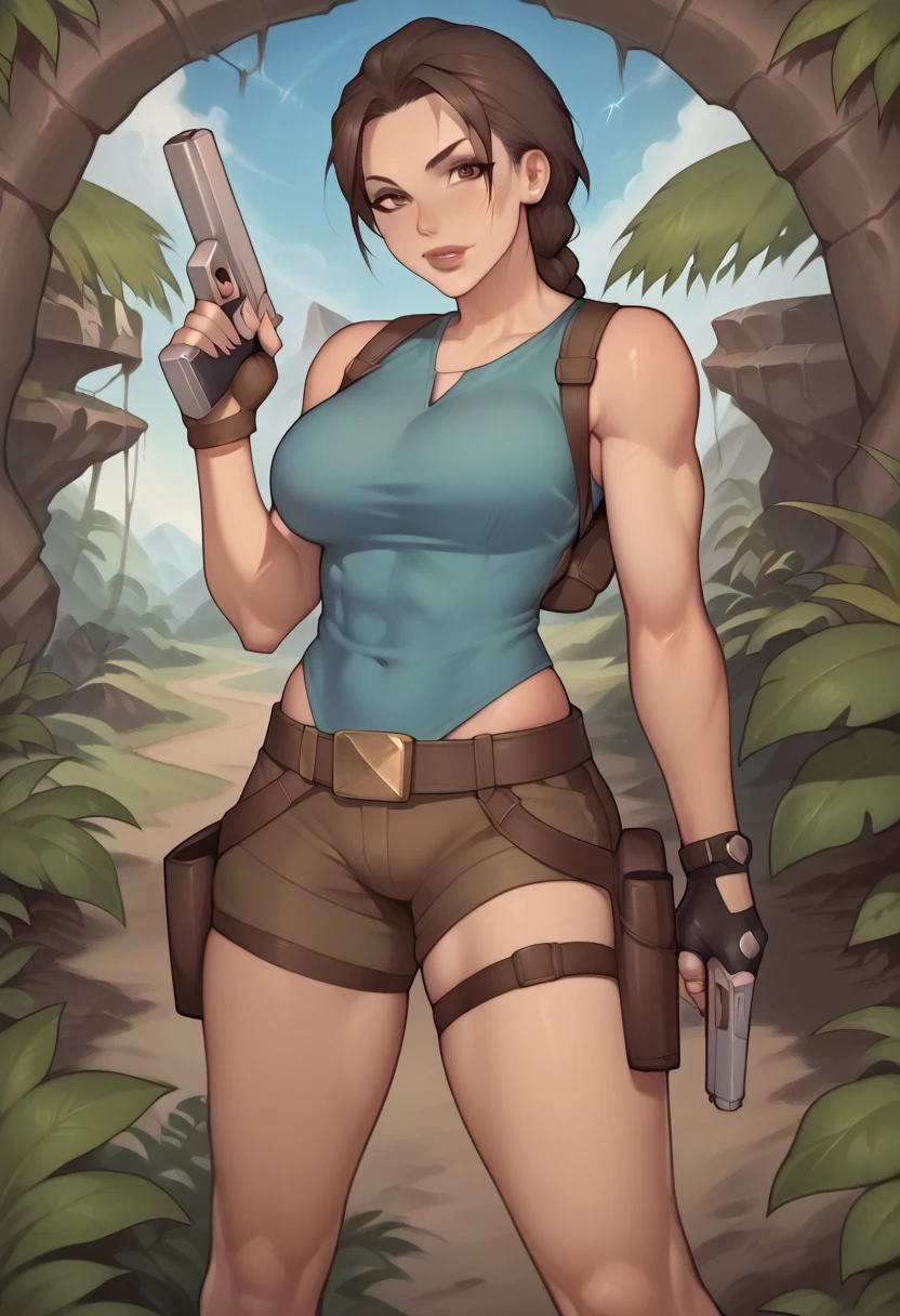 (best quality, masterpiece1.2), (detailed eye:1.2), complex detail, depth of field, 1girl, jungle, crop top, angry, sweat, brownhair, exploration, embarrassed, backpack, (tomb raider: 1.2), (Lara Croft: 1.2), gun strap to leg, action, dynamic, (big fire), Bullets flying, temple, cameltoe, tight tank top