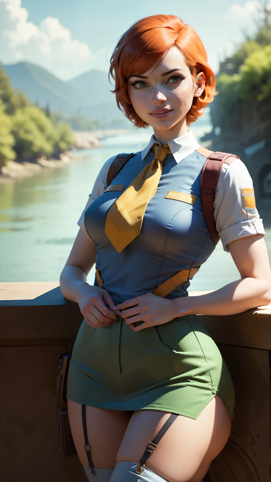 gwen tennyson,tracer,yorha 2b,rebecca chambers,ada wong,nami,pilot uniform, ager, green eyes,garter belt,striped underwear,short hair,river,orange hair,shy smile,ginger,white striped top,denim micro skirt,freckles,beautiful girl,stockings,large breasts,ultra detailed,realistic,
