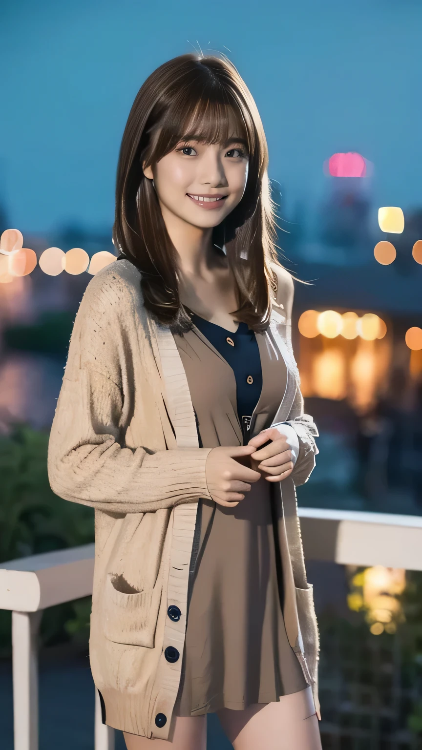 1 girl, solo,Knee-length dress,cardigan long hair, bangs, ((highlight brown hair)),
chest, smiles, Aperture F2.8, 8k octane , 3D rendering , night view, Disney
