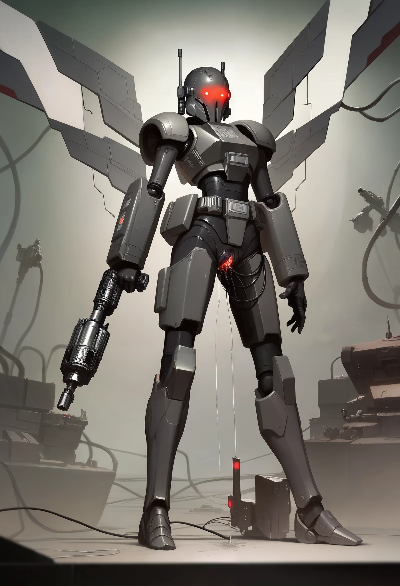high quality, Masterpiece, Perfect Shapes ,There are wires and cables connected to the head and body of the combat machine , Star Wars ,SD robot style , Industrial Machinery ,Sci-Fi Weapons,arm turned into a firearm ,lift legs ,no head, black metal wings,cool robot , heavy metal armor,,pussy juice,Black metal skin,head less