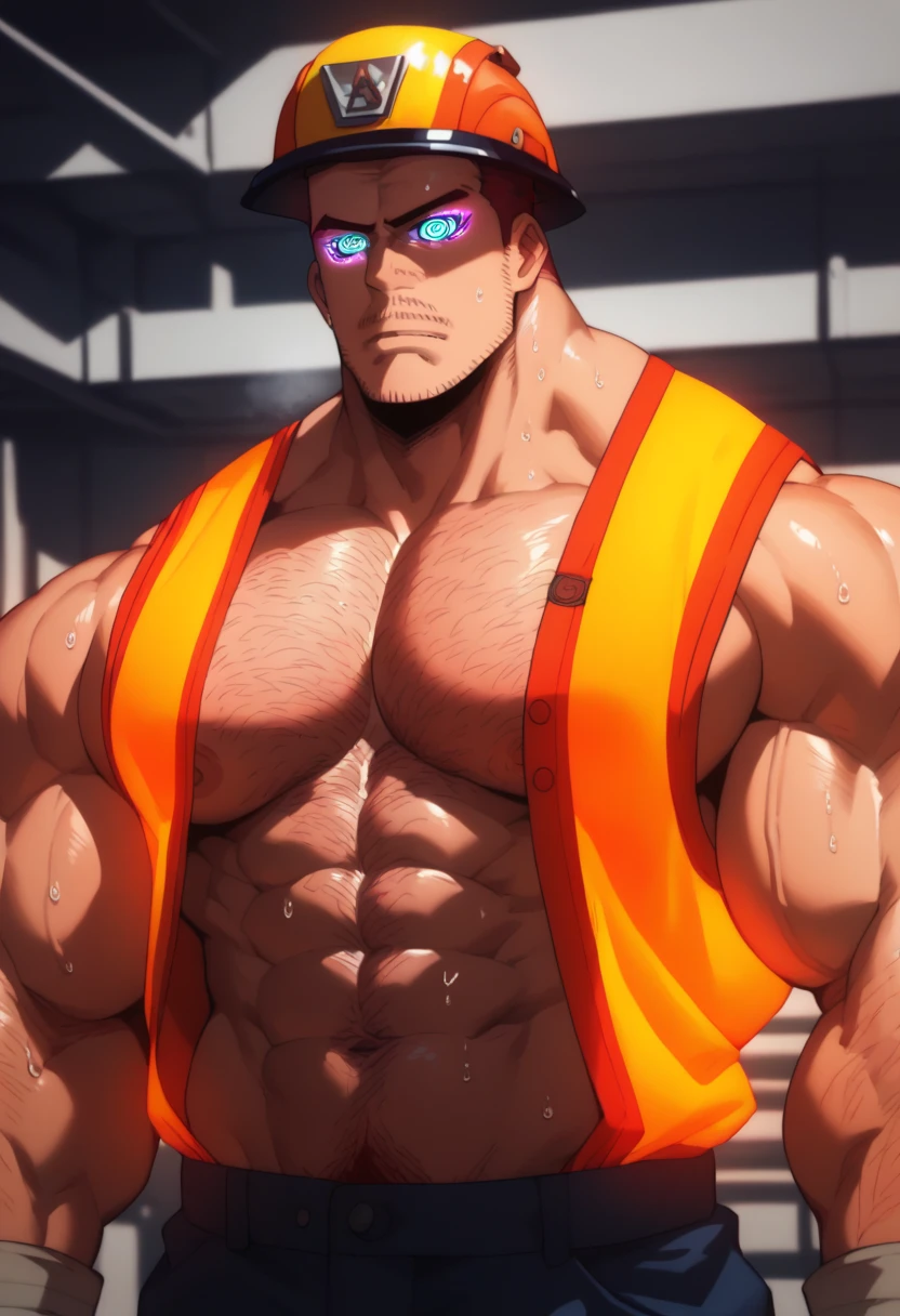 Endeavor, construction worker uniform, safety vest, safety helmet, shirtless, muscular, muscles, broad shoulders, massive pecs, sweaty, hairy chest, glowing spiral in the eyes, blank expression, vacant stare, hypnotized, brainwashed, focused, High Resolution