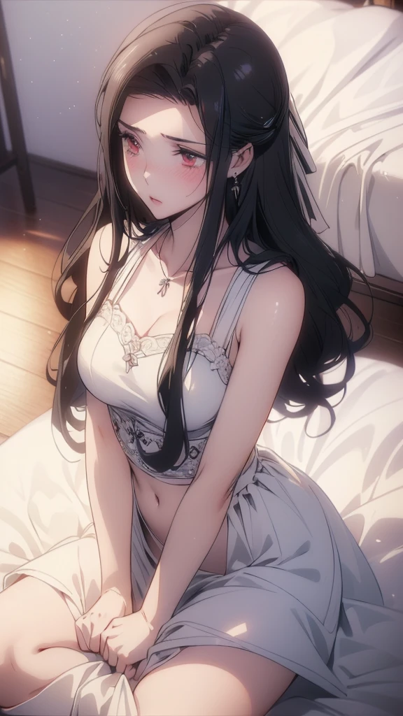 2d, Arte de boceto, Una mujer de anime, triste, cabello negro, tetona, small breasts, escote, Pov, cerrar, nightie, (ojos detallados, hermoso cuarto de ojos