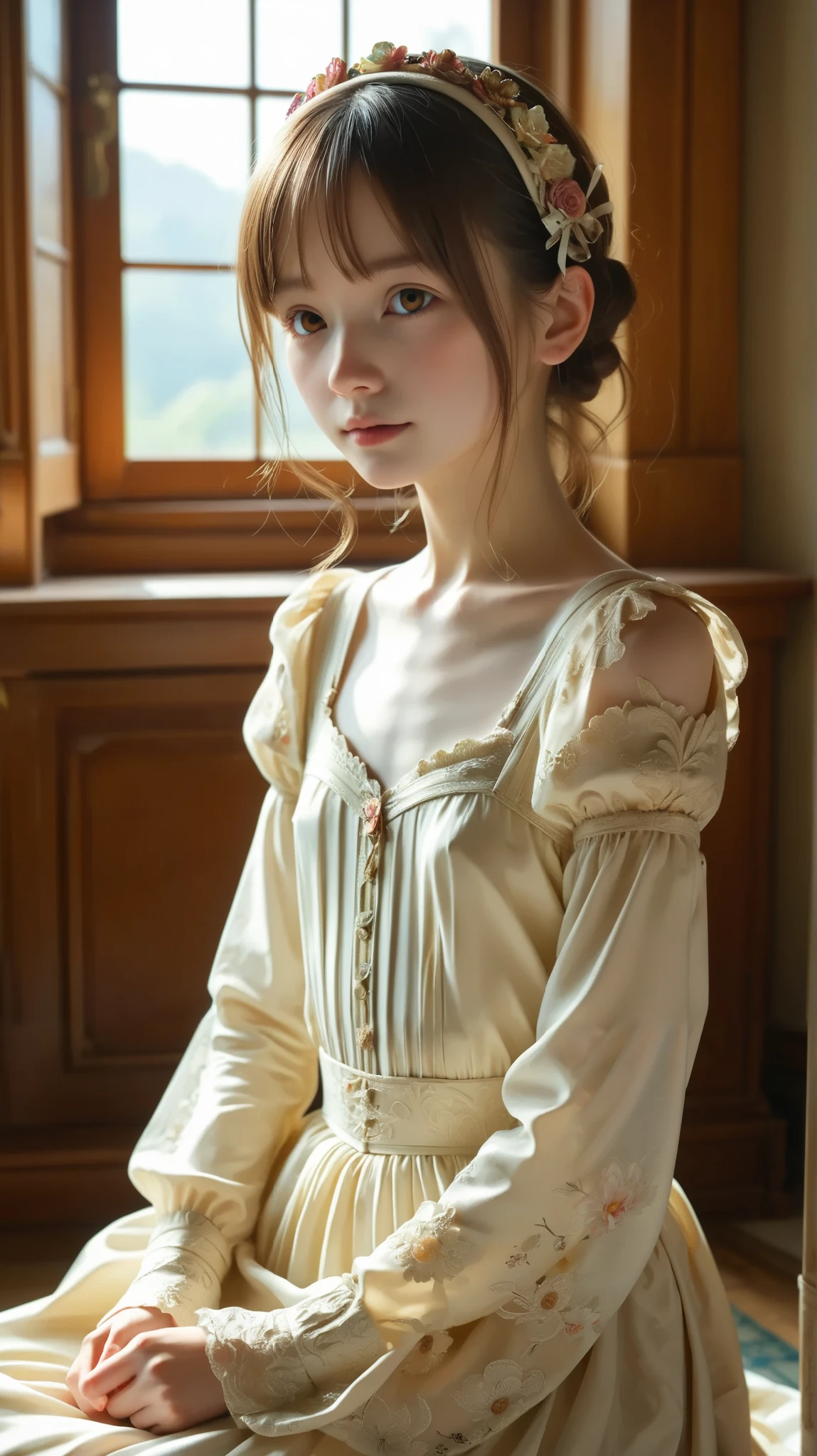  score_9,  score_8_  up the side ,  score_7_  up the side ,rating_safe,20 years old,8k,4K,16k,  More Details ,  beautiful,  beautiful,  Masterpiece,  top quality ,  atmosphere, mystery, Romanticism,  creepy  , literature, art,  fashion,  Victorian  , Decoration,  complicated , Ironwork, meditation, Depth of emotion  , S  up the sideernatural ,  in the seat,  white skin,delicate, very  skinny,bangs, Moderate bust,  brown eyes,  skinny , slender , short,thin body, young, かわいい young女の子 ,Narrow shoulders, exist,  Japanese