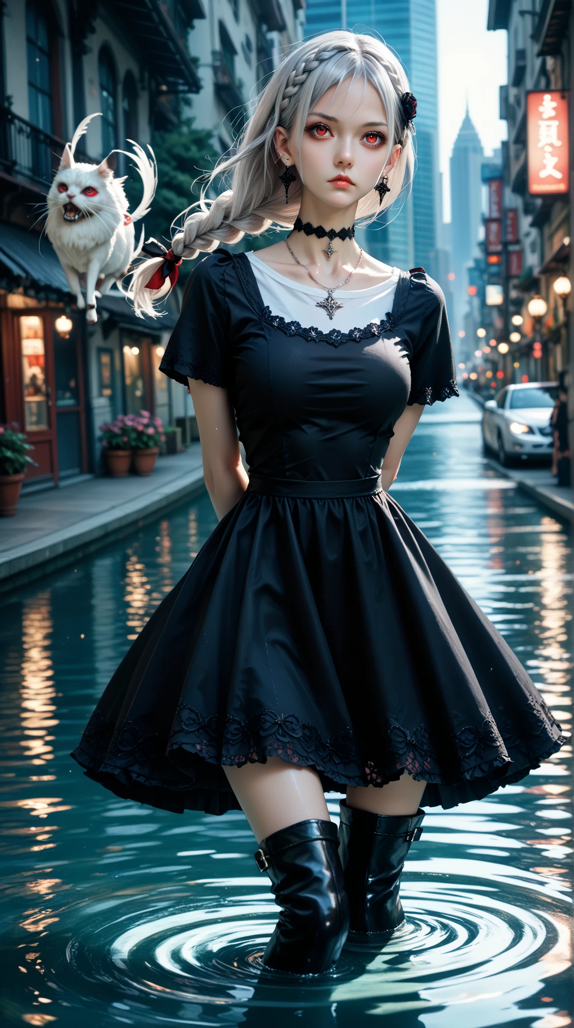 female sexy vampire|albino, pale porcelain skin, sexy vintage black dress, fishnet, (8 years old, loli:1.5), smile, (dress lift:2.0), shallow depth of field, grin|creepy, nightfall, detailed face, night, wide hips, narrow waist, portrait of woman standing, detailed eyes, portrait of woman standing, 8k RAW photo, highest quality, looking at the viewer, best shadow, intricate details, long hair, bright eyes, forest, grave, gothic, goth detailed, highres, high qualilty, high saturation