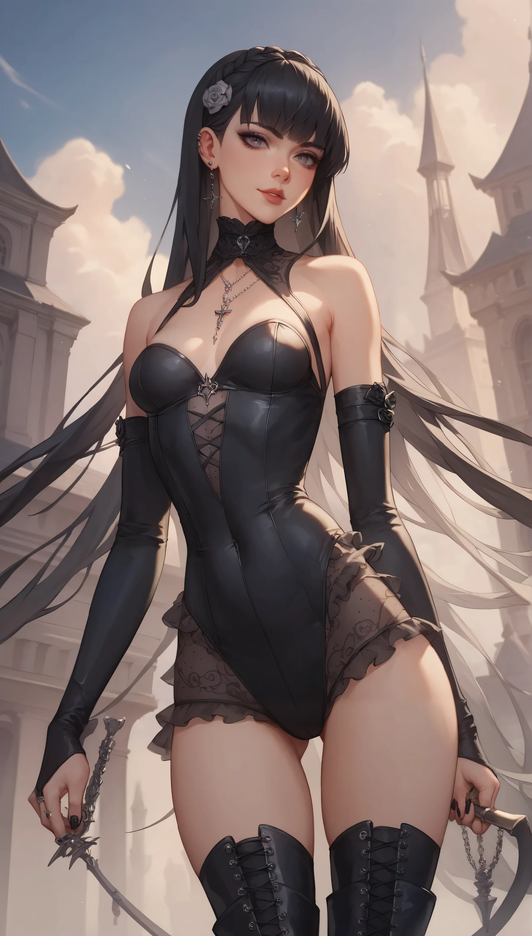 ninjartista eclipse lunar A Mata Facas cabelos loiros longos cabelo rabo de cavalo olhos amarelos Mulheres Bonitas roupa muito sensual (NSFW:1.0) young girl, hairy pussy slip with medium breasts, tied up hair, tiny waist, very little nipples, sexy look, super sexy pretty face, dark magic witch, using powers, poster, super hero
