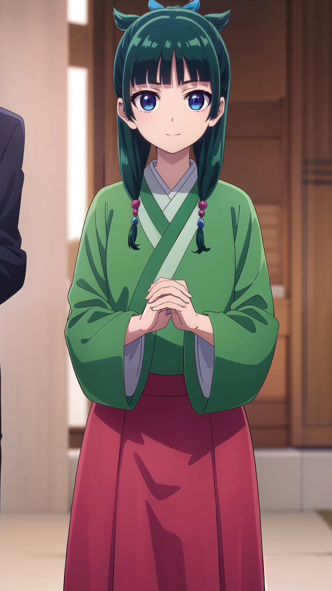 kusuriya Mao Mao, Mao Mao, long hair, bangs, blue eyes, hair ornament, green hair, blunt bangs, Freckles, hair bang, single hair bang,
break japanese clothes, Robe, green Robe, Long Sleeve, wide sleeve , skirt, red skirt,
break indoors,
break looking at viewer, (cowboy shot:1.5),
break ( Masterpiece:1.2), top quality, high resolution, unity 8k wallpaper, ( illustration :0.8), ( beautiful detailed eyes:1.6), highly detailed faces at a pachinko parlor, perfect lighting, Highly Detailed CG, ( perfect hands, perfect anatomy), smile