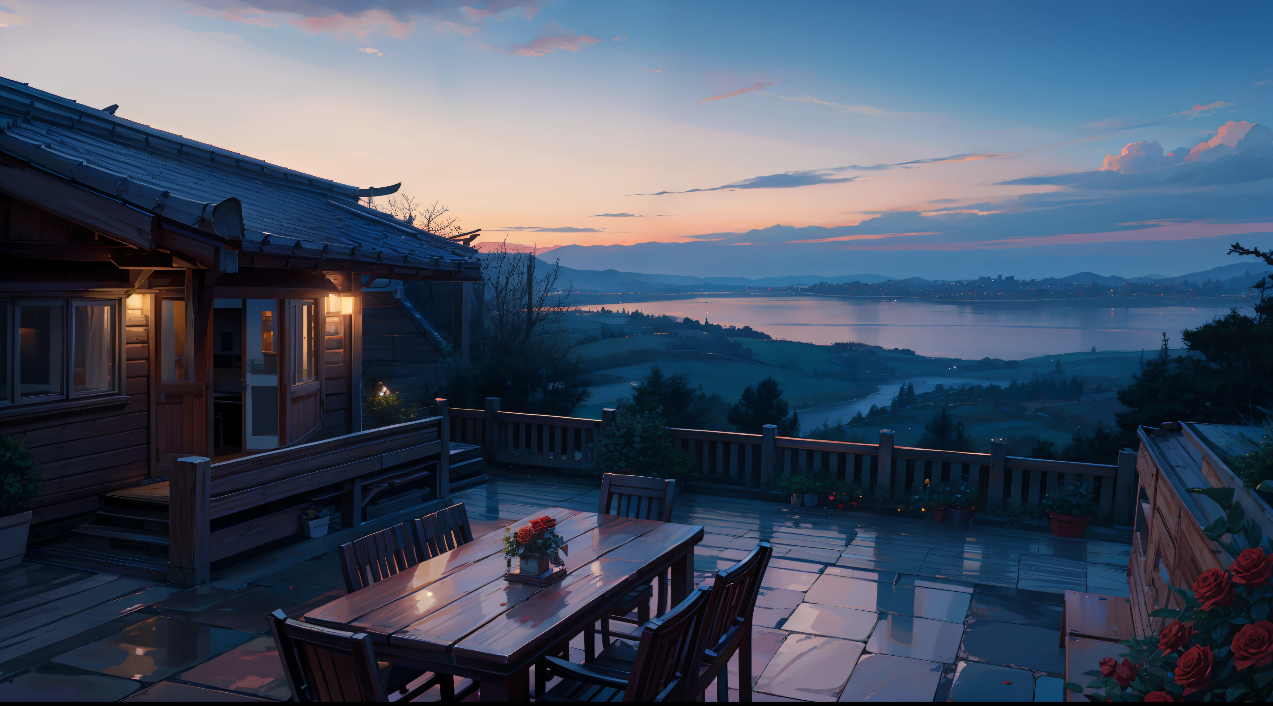 Roses blooming on the windowsill,Surrounded by a Western European-style garden,The chalet looks even more welcoming in the evening glow。Brilliant clouds adorn the sky,Create ultra-high-quality graphics