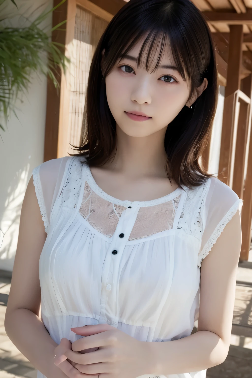 Composition from bottom to top:2.53,One Girl、Beautiful and detailed eyes and face、barefoot、Cute old Japanese girl, ((Extremely precise and accurate anatomy:1.0)), (photo Realistic:1.4), (hyper Realistic:1.4), (最高品質のRealisticな肌の質感:1.4), (Improvement of quality:1.4), (Enhances the beauty of skin texture:1.1), Clean and glowing skin, mesh, thin:1.2, (Realistic:1.3), Realisticなライティング, (Smoother lighting:1.05), (Improving the quality of cinema lighting:0.9), Backlight, A gentle light for your face, Ray Tracing, (Bright light:1.2), 32K, One Japanese woman, fine grain, Detailed face, (Film Grain:1.1),(Accentuates body lines:1.1), High resolution, Natural look, Kind eyes, Improves hair quality, Delicate light and shadow, Graceful pose, Sharp details, Soft light reflection, Beautiful contours, Delicate skin tone, Fine hair texture, Natural background, (((sunnyた日、School Area、A strong wind is blowing、Her hair and skirt are flying、 Open shirt、Pleated skirt、stroll:1.25、Light of the sun、sunny、stage、Blue sky and white clouds、The joy of youth)))、