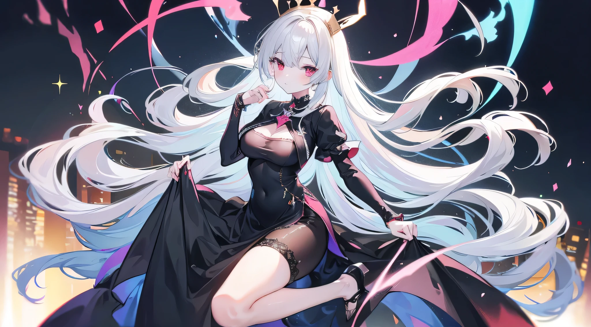 (Golden ratio:1.2),[(Black background:1.4)::10],(Masterpiece), (Best quality), (Ultra detailed),(Disheveled hair),(illustration),(1girll:1.2),Solo,full bodyesbian,(Lori huge breasts cleavage),White hair,Red eyes,Small breasts,Small butt,A red diamond-shaped gemstone is set on the chest,(peach ass),(Magic Girl:1.2),(Jacket with lots of pink ribbons:1.3)+(Behind him, a huge eye demon is watching the viewer:1.3)+(Miniskirt with lots of lace:1.2),(child body:1.2),Holding a gemstone in his hand,(sitting on an royal throne:1.2)+(Fantastic magic array:1.3)+[(Inception:1.2)]