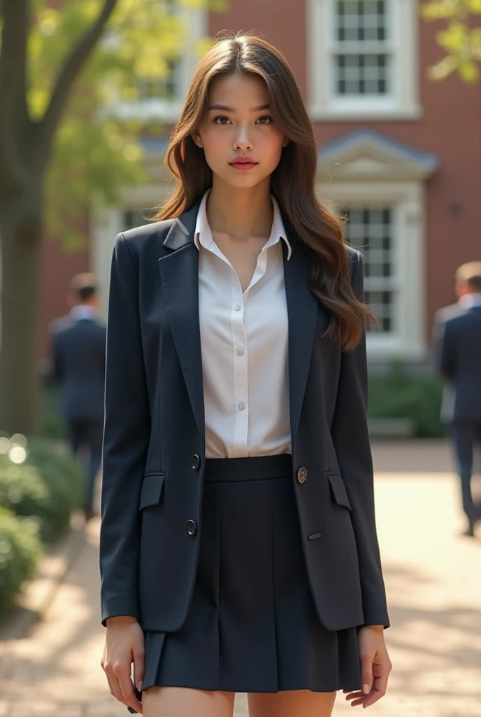 Best quality, full body portrait, delicate face, pretty face, 16 year old woman, slim figure, large bust, OL uniform, office clothes, navy blue stockings, no shoes, outdoor scene, sitting position on floor