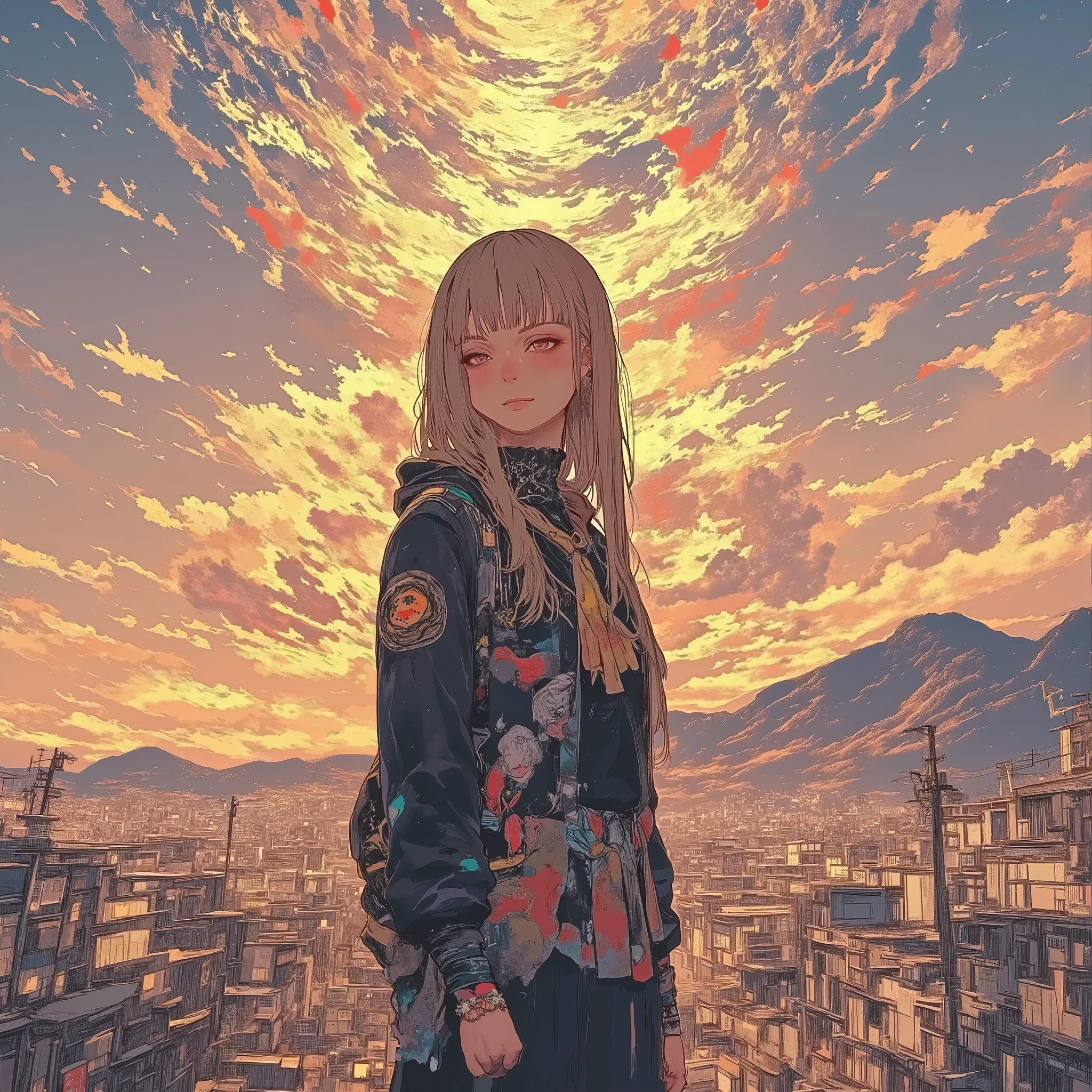 masterpiece, solo, rough stroke anime, 1girl, full body, panorama, brown hair, long hair, hoodie, high contrast, sharp line art, detailed illustration, long eyelashes, cinematic lighting, ambient light, volumetric lighting, ultra aesthetic environment, 8k, 16k, hdr, best quality, indirect lighting, super quality composition,sunset , realistic anime background, cinematic lighting, bokeh , blurry background, tokyo city, sunset, vast sky,

