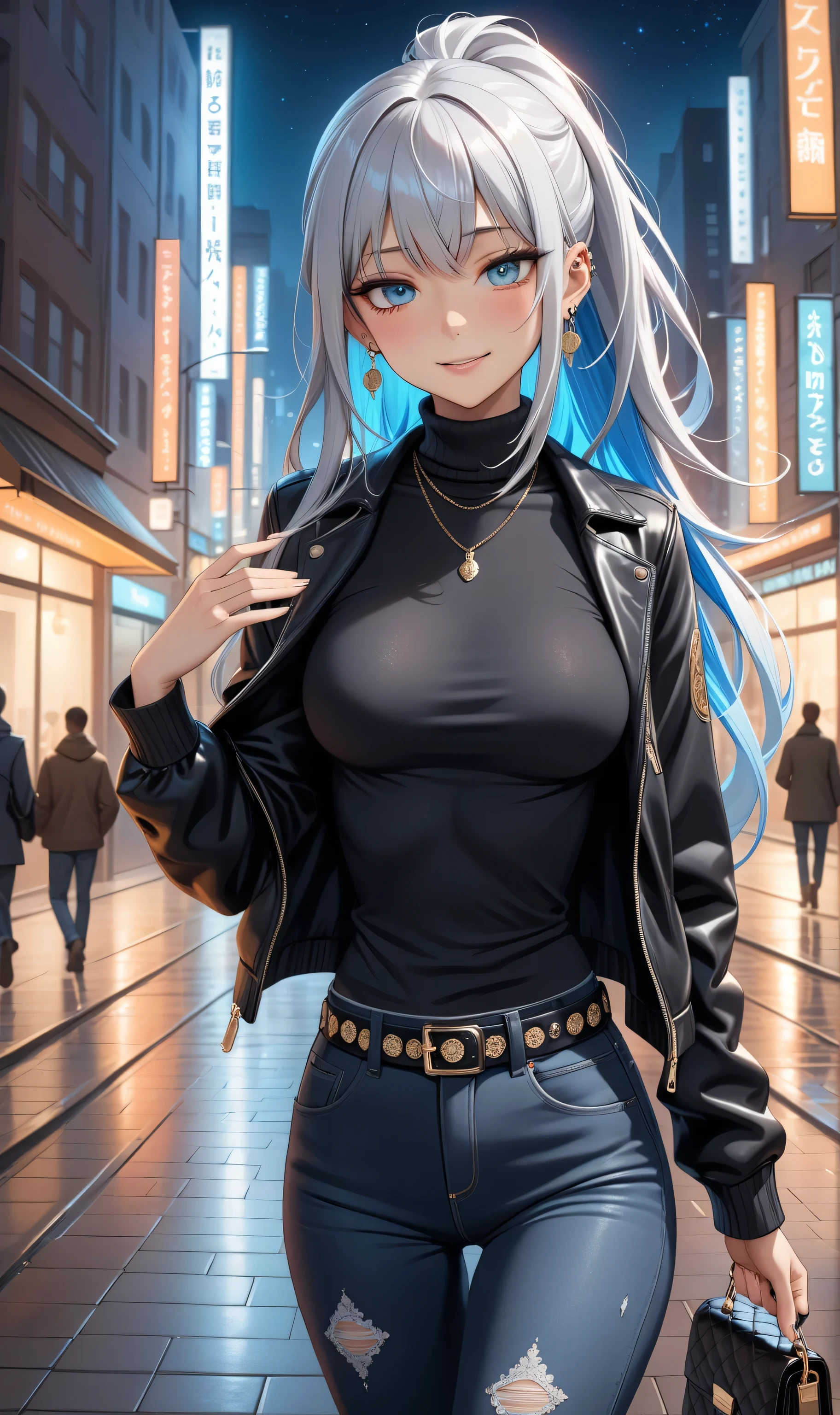 ((Random Sexy pose)), (Cute girl), ((Ultra detailing)), (very aesthetic, best quality, ultra detailed), intricate details, 1girl, silver hair, ponytail, Blue inner hair ,((silver eyes)) ,((Detailed eyes)), ((Beautiful eyes)), ((prefect eyes)), sharp jawline, long hair, Medium breasts, smile, Blush, medium breast, (, Jacket, black turtleneck sweater, Black jeans pants, Women belt, ear ring, neckless, One hand bag), print , Walking on the streat, mid night city,