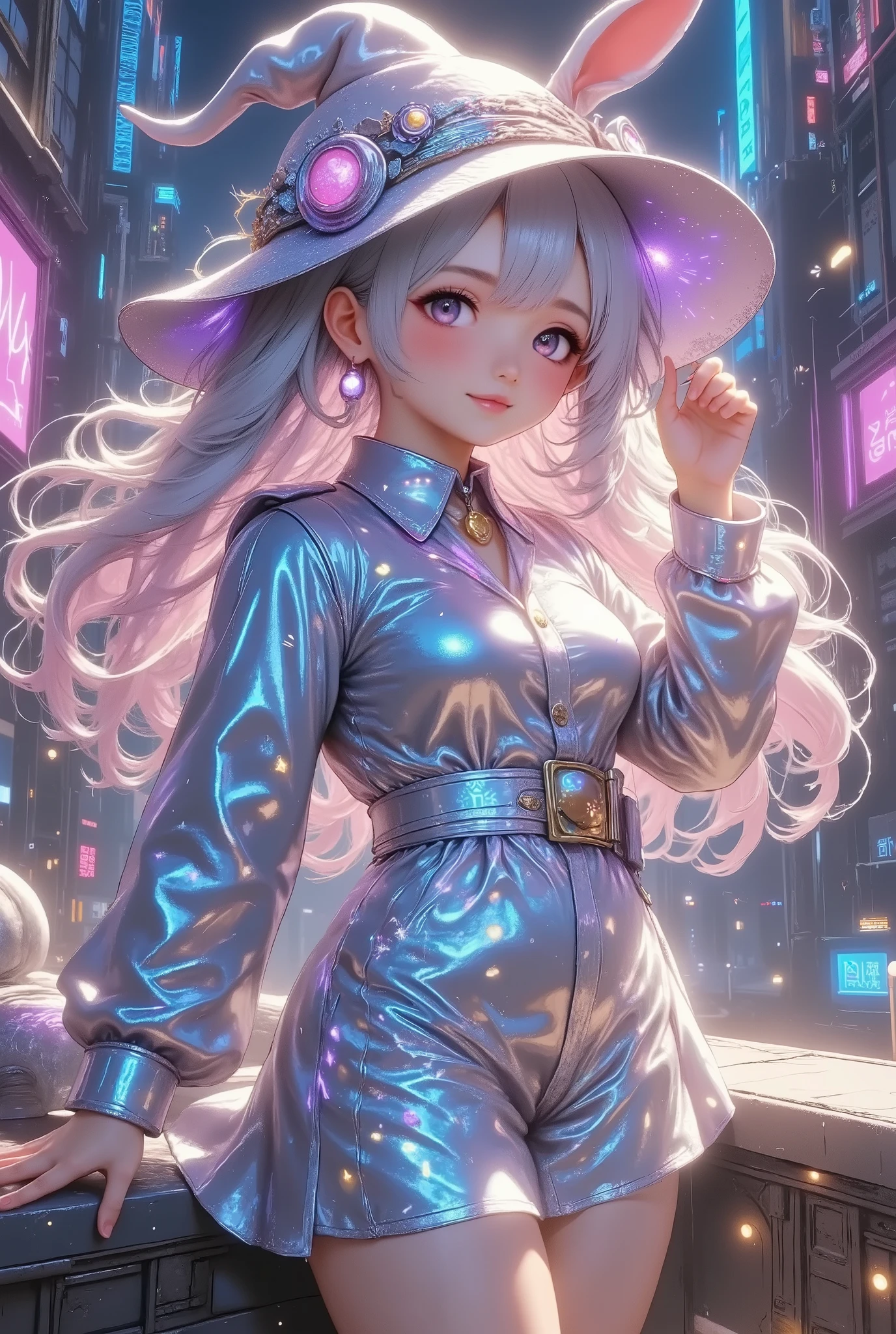 cute anime illustration,1girl, cyberpunk theme, futuristic ta fashion, metallic textures, glowing LED trims, holographic patterns on skirt, wide smile, posing with right hand on hat, flowing hair with holographic highlights, neon-lit futuristic cityscape, towering skyscrapers, hologram billboards, vibrant pink and purple neon lights, accented with neon blue and metallic silver, dynamic contrast, glow effect, digital painting, chromatic aberration, neon effect, grid effect, ultra-detailed, 8k, high resolution, cinematic lighting, masterpiece
