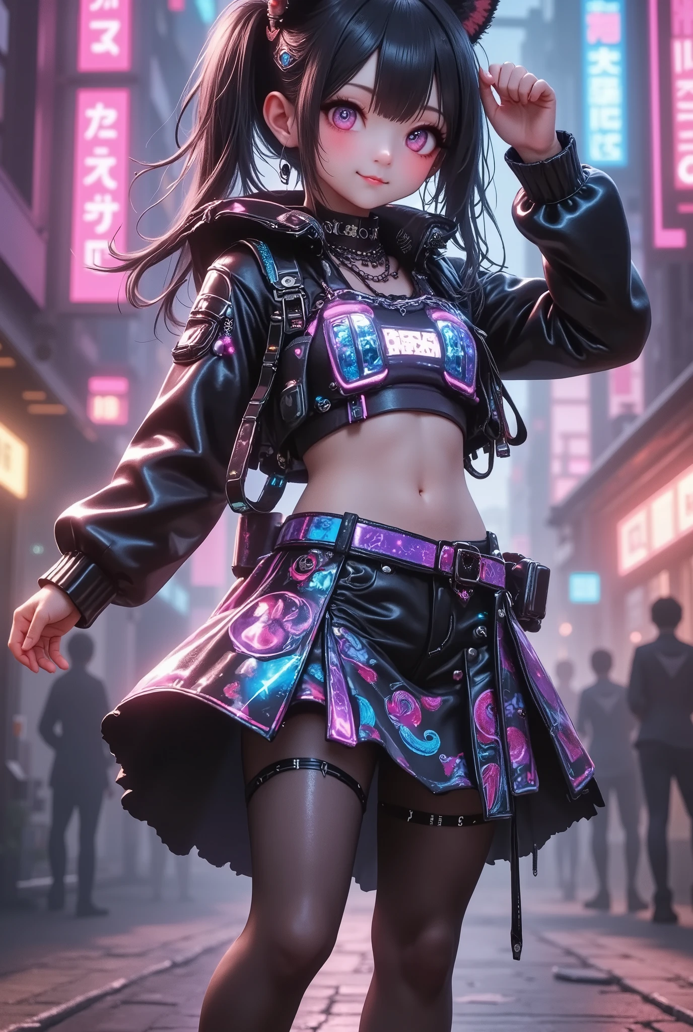 cute anime illustration,1girl, cyberpunk theme, futuristic ta fashion, metallic textures, glowing LED trims, holographic patterns on skirt, wide smile, posing with right hand on hat, flowing hair with holographic highlights, neon-lit futuristic cityscape, towering skyscrapers, hologram billboards, vibrant pink and purple neon lights, accented with neon blue and metallic silver, dynamic contrast, glow effect, digital painting, chromatic aberration, neon effect, grid effect, ultra-detailed, 8k, high resolution, cinematic lighting, masterpiece
