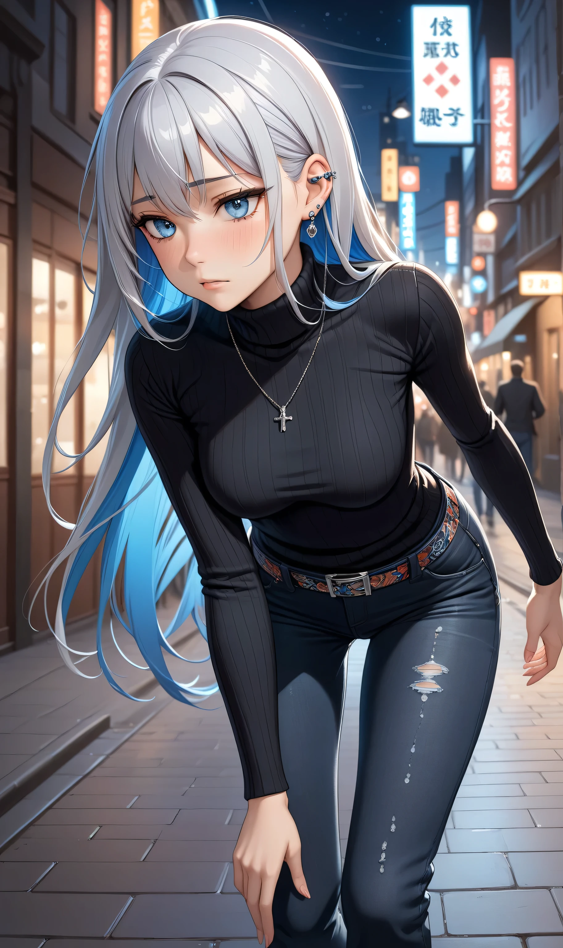 ((Random  pose)), (Cute girl), ((Ultra detailing)), (very aesthetic, best quality, ultra detailed), intricate details, 1girl, silver hair, ponytail, Blue inner hair  ,((silver eyes)) ,((Detailed eyes)), ((Beautiful eyes)), ((prefect eyes)), sharp jawline, long hair, , shy , Blush, medium , (black turtleneck sweater, Black jeans pants, Women belt, ear ring, neckless), print , , Walking on the streat, mid night city, ((side angle view))