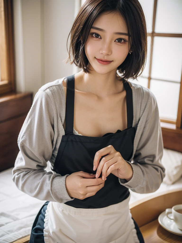 Browsing Caution:1.35、close range、Beautiful woman、cute、((Female Nursery Teacher))、smile、Extra Very Short Hair、((Delicate photo)),(Detailed RAW photos of girls), (Tabletop:1.0), (Highest quality:1.6), (Ultra-high resolution:1.5), (Realistic:1.75), 8K resolution, Absurd, Ultra-detailed,Cinema Lighting,、nursery school、Braid、((Wearing an apron:1.2))、(Hairstyle with bangs)、Long sleeve T-shirt、((Colorful kids room:1.1))、((Lots of toys:1.))、Pleated skirt、((cute壁紙の部屋))、