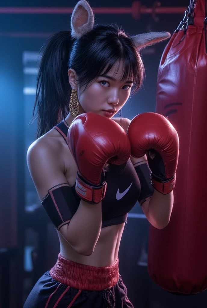 Girl with black short hair ,red eye ,sport red black addidas clothes, a bit muscular, Kickboxing ,Kick ,intesiever blick