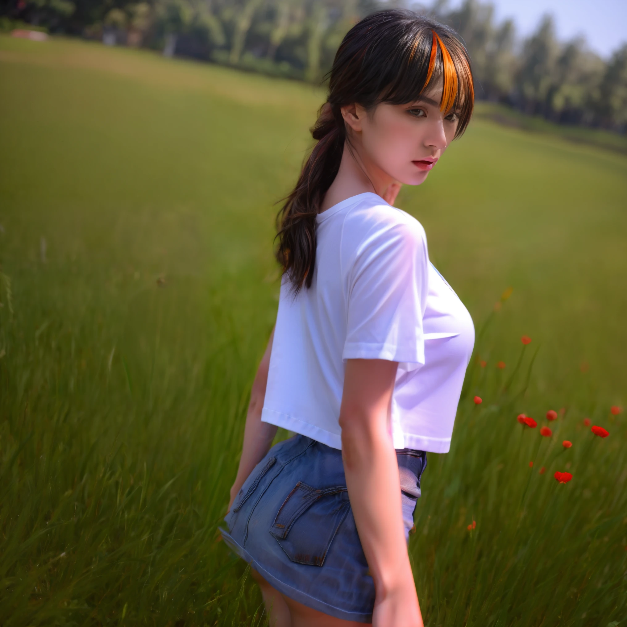 Masterpiece, extremely detailed,hyper realistic,4k,solo, 1girl, zhu yuan,milf,ponytail streaked hair,full body ,perfect slim body ,long legs,arms behind back,perfect slim body, very large breasts, ((kawai face)),Klimaks ekspression,(thin lips),white tshirt, hot skirt, cowboy shot,((grass)), Front look, looking at viewers, ((front look))
