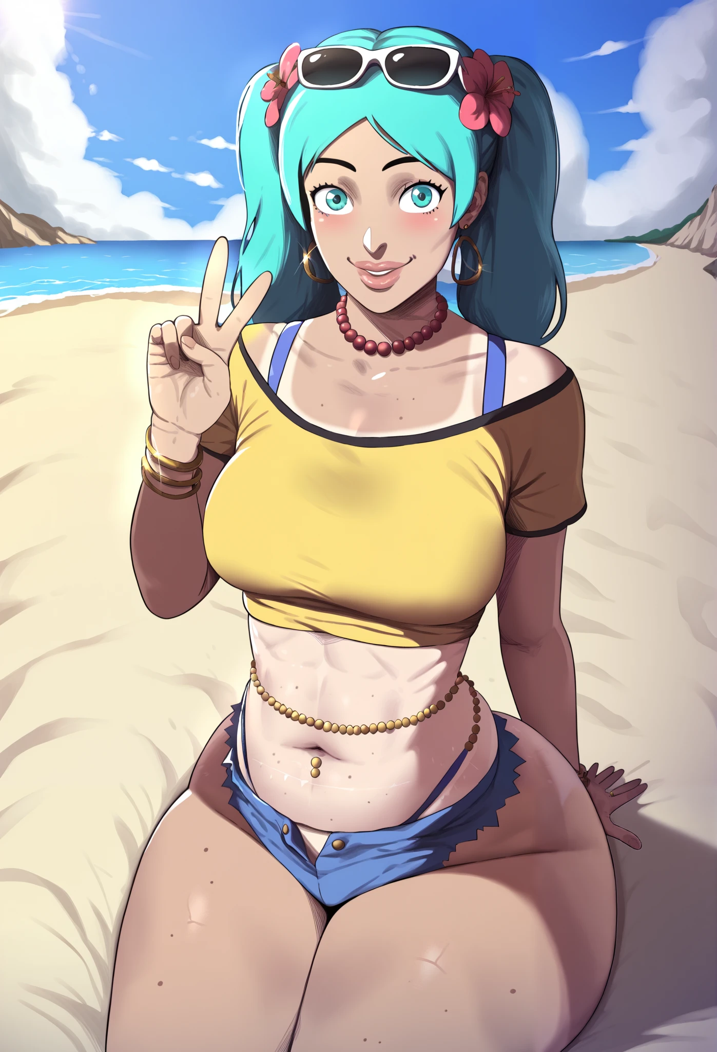 (anime art style:1.0), D-art art style, 2d, masterpiece, best quality, very aesthetic, absurdres, dynamic shadows, atmosferic, brazilian_miku, tanned skin, licht brown skin big lips, plump lips, 1girl, solo, aqua hair, (twintails), bangs, aqua eyes, big breasts, (curvy body), big ass, wide hips, thick thighs, tanlines, makeup, blush, collarbone, cleavage, blue garters, blue panties, yellow crop top, pulling her crop top down to tease, denim shorts, micro shorts, off shoulder, short sleeves, sunglasses on head, flower on hair, bead choker, belly chain, gold earrings, gold bracelet, (dark skin:0.2), smile, opened mouth, cowboy shot, from front, (v), sitting, wariza, opened legs, huge butt, huge boobs, (looking at viewer:1.0), beach, sea, clouds