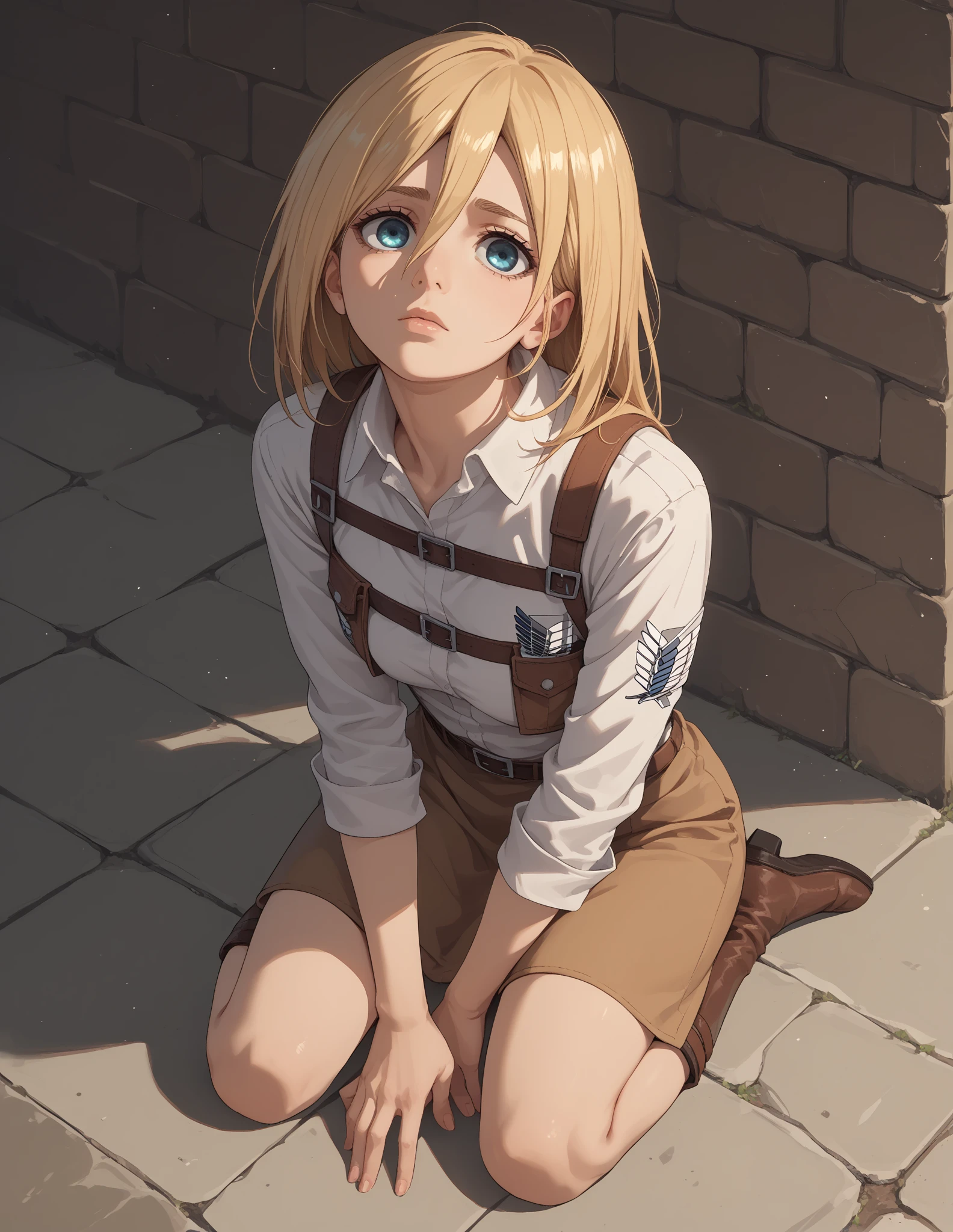masterpiece, Highest quality, High resolution, Castle ruins, Day, sunny, Serious expression, One girl, alone, View your viewers, smile, Sit on the ground, history, Krista Lentz, Blonde, blue eyes, Hair between the eyes, short hair, ponytail, Official Art, Jacket, brown Jacket, Symbolism, belt, Thigh straps, pants, white pants, boots, shirt, white shirt, collared shirt, (Tight clothing), unity 8k wallpaper, (figure:0.8), (Beautiful attention to detail:1.6), Highly detailed face, Highly detailed CG, (3D Face:1.1), (Shiny skin:1.5), (超High resolution intricate face details), (Facial skin pores:1.3), 超High resolution cloth texture, Shining Eyes, Perfect Eyes, Glowing Eyes
