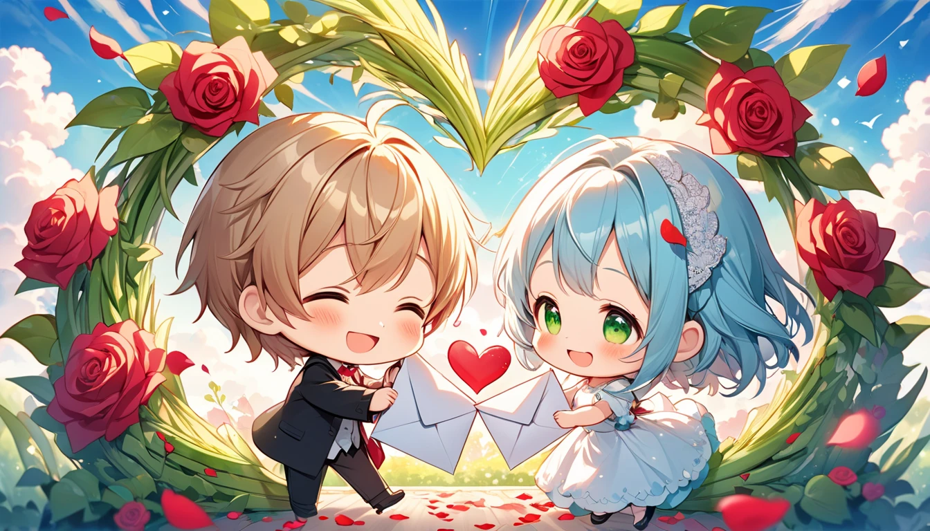  The image depicts a romantic and fanciful scene with a vibrant and enchanting artistic style.  Two hands hold a large open envelope ,  from which emerges a heart made of green foliage intertwined with beautiful red roses . In the center of that heart, An adorable  and an adorable one in chibi style are holding hands,  smiling happily as they hold a small shiny heart between them .  The background of the image features a blue sky with fluffy clouds ,  sun rays illuminating the scene and rose petals flying around ,  adding a magical and dreamy touch .  The envelope symbolizes a love message ,  and the heavenly environment conveys a sense of leek joy and happiness .  The composition and details create an atmosphere of love , Innocence and purity,  making the image perfect to represent feelings of affection , romance and shared dreams .