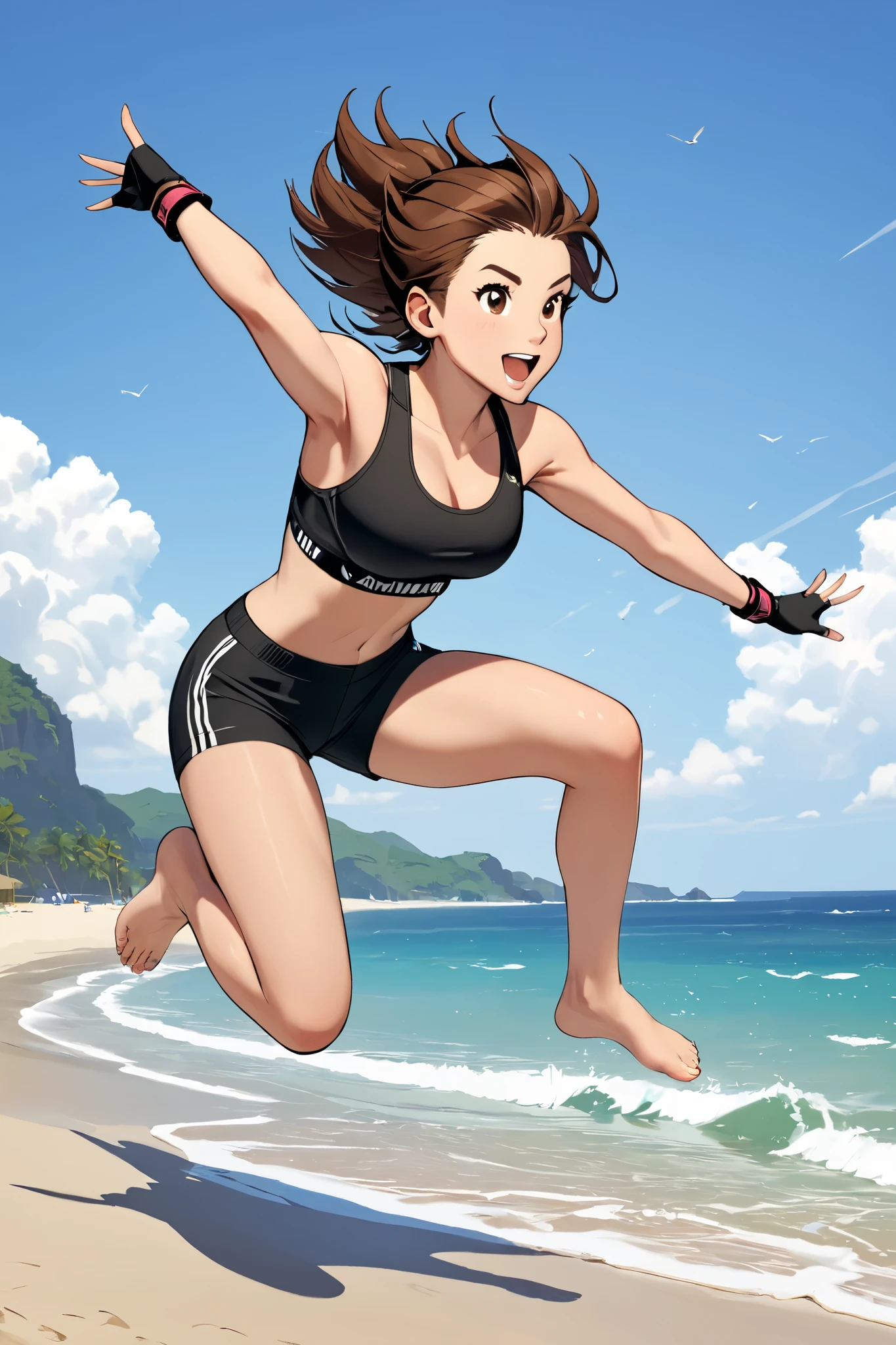 1girl, barefoot, jumping, gloves, fingerless_gloves, solo, shorts, beach, outdoors, brown_hair, black_shorts, sports_bra, black_sports_bra, 