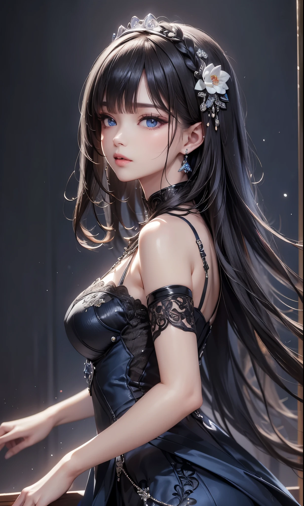 masterpiece, best quality, ultra-detailed, facing the camera head on, intricately detailed hyperdetailed, realistic, sharp features, highly detailed, sharp focus, perfect face, perfect face, perfect symmetrically perfect eyes, perfect full lips, flexible female form, cinematic, film light, hyper detailed, hyper realistic, masterpiece, atmospheric, high resolution, vibrant, dynamic studio lighting, ((Dark background)), Facial expressions when receiving pleasure, straight Bangs, blue Eyes,black dress, posing, ((from side)), hip