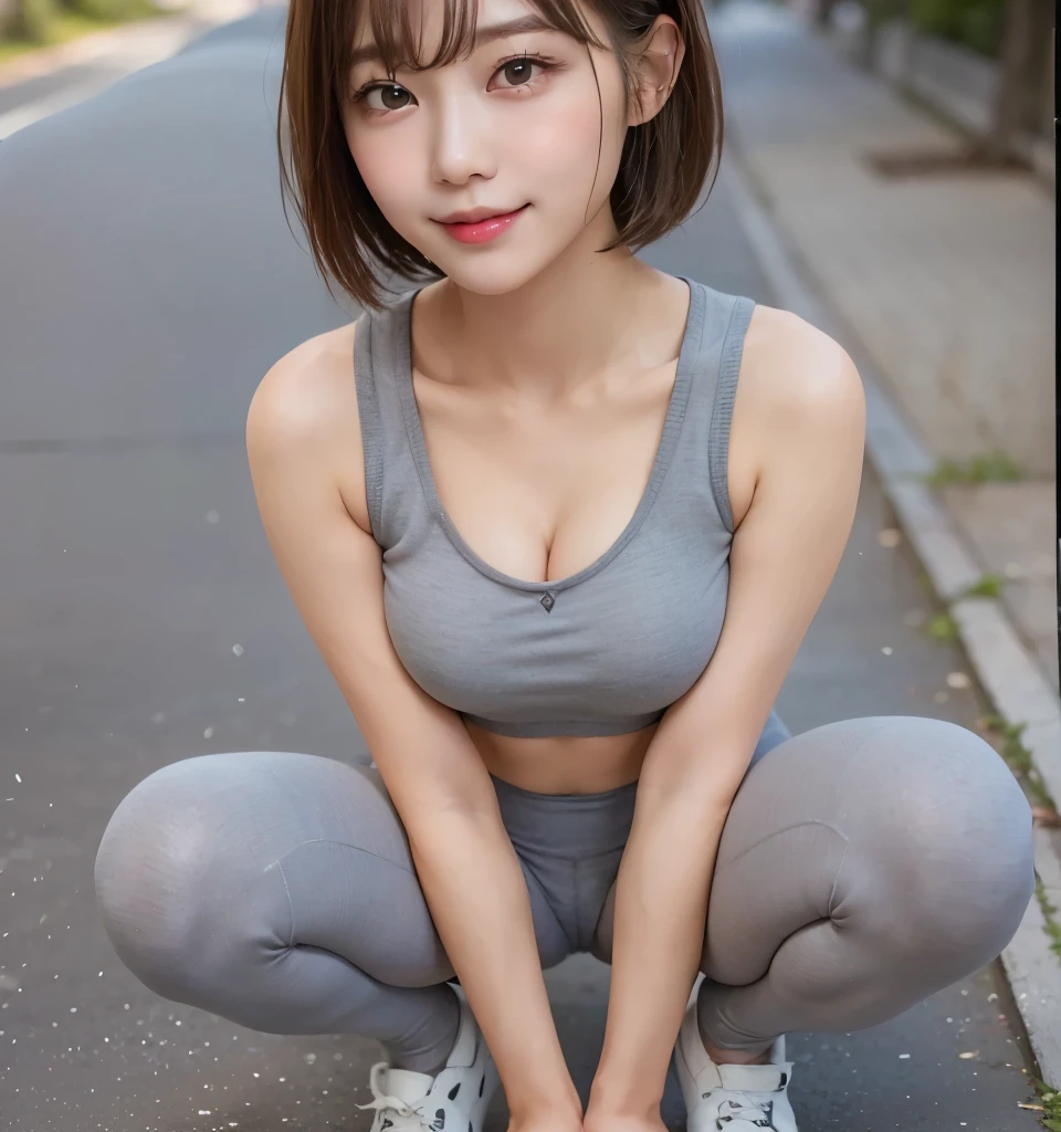Highest quality、8k、No makeup、masterpiece、クリアなphotograph、Ultra-high resolution、Realistic、rawphotograph、Professional Lighting、Natural light、photograph、smile、Ultra slim、Delicate body、((Very cute girl、beautiful girl、The cutest Yoda Yuki))、(Idle class)、Berry Short Cut、White skin、(Large erect nipples)、Wear a sports bra、((Wearing tight white leggings、The crotch is bulging、Crotch crack:1.2))、(((全身photograph)))