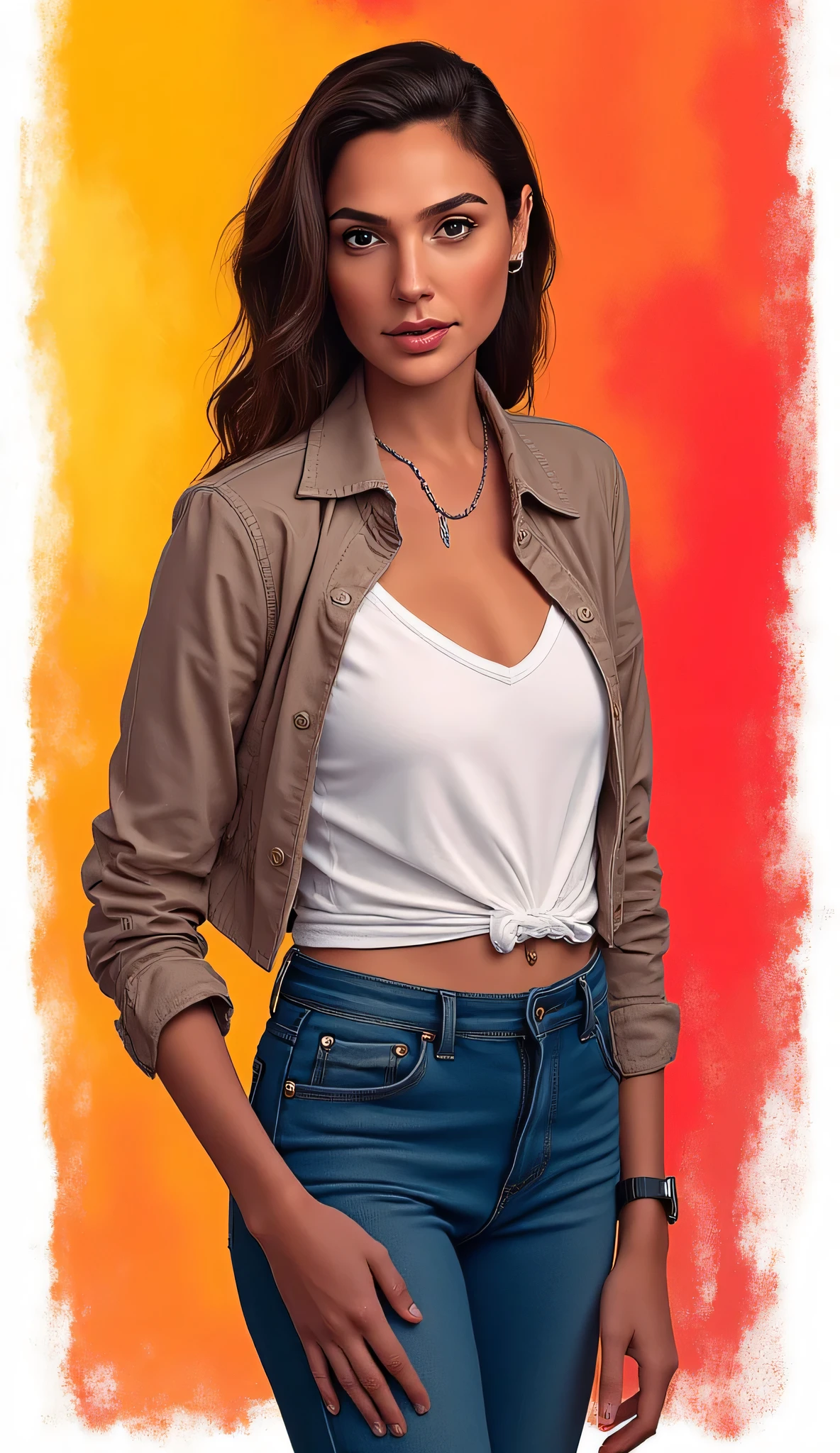 imagen discreet. with casual clothes, discreet. , beautiful woman , hand drawn . SHE IS SEDUCTIVE , con una ligera sonrisa discreet . IMAGES WITH VIBRANT COLORS . with colorful background