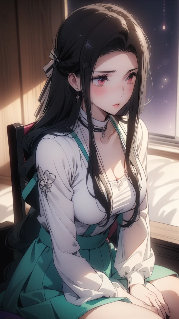 emo_hairstyle, (piercings), (black necktie), ((long hair)), ((straight hair)), (((black hair))), side swept bangs, white skin, pale, white, (green eye), tired expression, choker, ((dark makeup, mascara, eyeshadow)), multiple piercings, best quality, 8k, dark laboratory, dim lighting, white shirt, erotic, slytherin, black and white robes, (small breasts, cleavage, strap gap, leaning forward, hanging breasts), hogwarts robes. (((small breasts)))