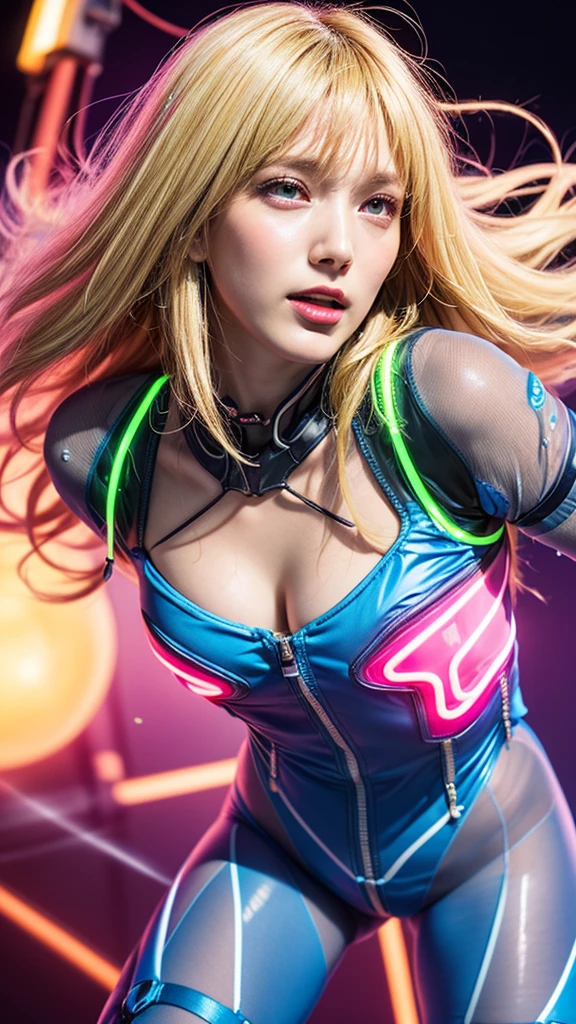 young Bo Derek, hologram, hologram miniskirt, see-through clothes, Digital projections,Holographic aesthetics,Neon vibrancy