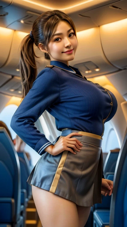 1girl, cowboy shot, beautiful slender woman, (air hostess:1.2), tight skirt, cleavage, full lips, big clear eyes, large breasts, beautiful long hair, shirt open, half smile, broad shoulders, small waist, wide hips, thigh gap, cameltoe, (intricate, highly detailed, 8K, masterpiece), soft tones, inside plane, blurry background, depth of field, bokeh