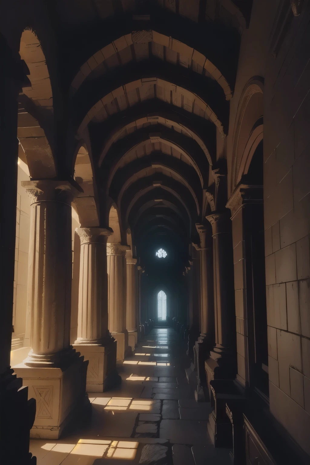 A torch-lit corridor stretches into the distance, the worn stone walls of the Minotaur's labyrinth illuminated by flickering flames. In the shadows, intricately carved Greek columns rise like sentinels, while above, a vaulted ceiling disappears into darkness. The air is heavy with the scent of old parchment and forgotten secrets.