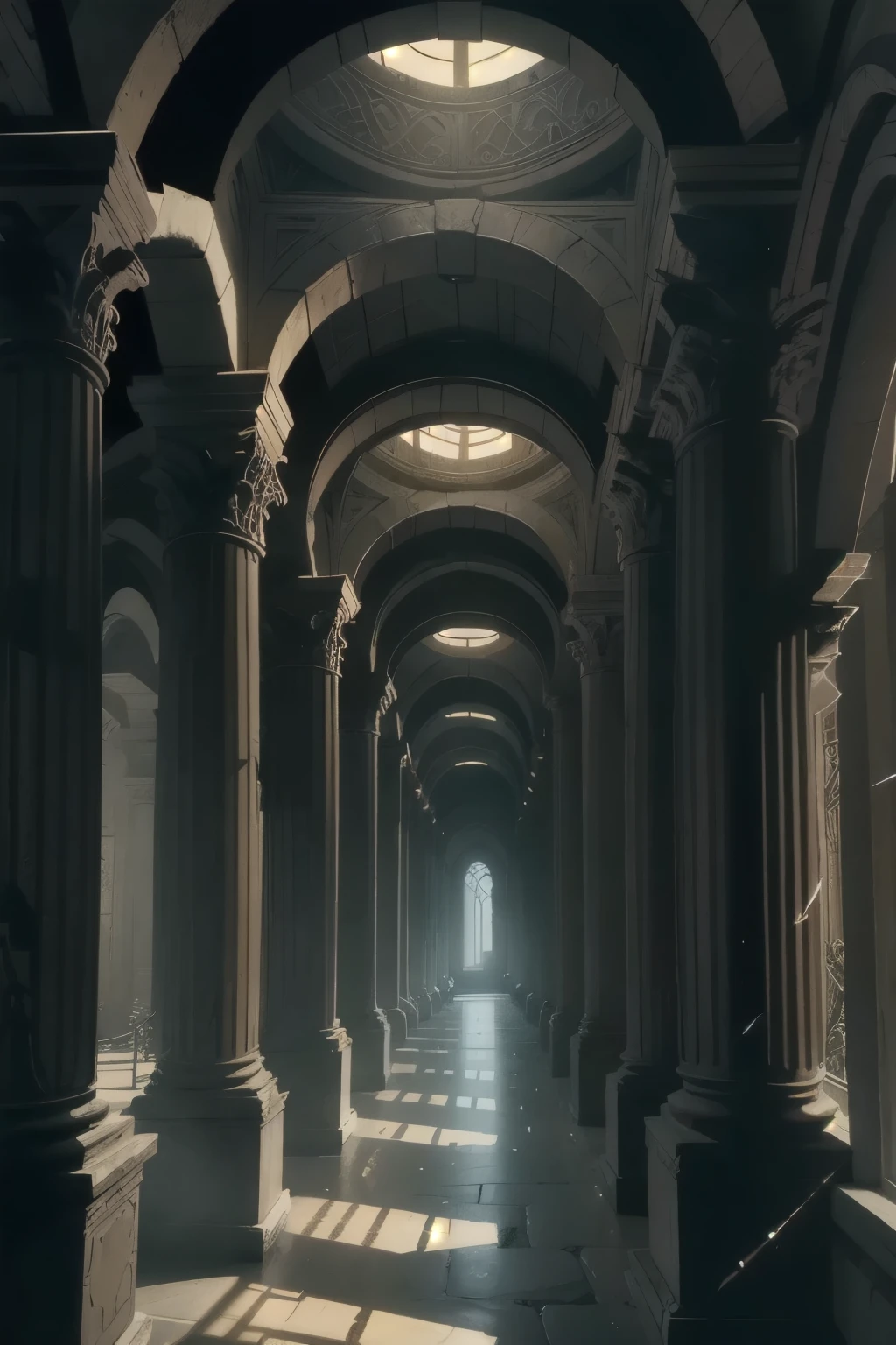 A torch-lit corridor stretches into the distance, the worn stone walls of the Minotaur's labyrinth illuminated by flickering flames. In the shadows, intricately carved Greek columns rise like sentinels, while above, a vaulted ceiling disappears into darkness. The air is heavy with the scent of old parchment and forgotten secrets.