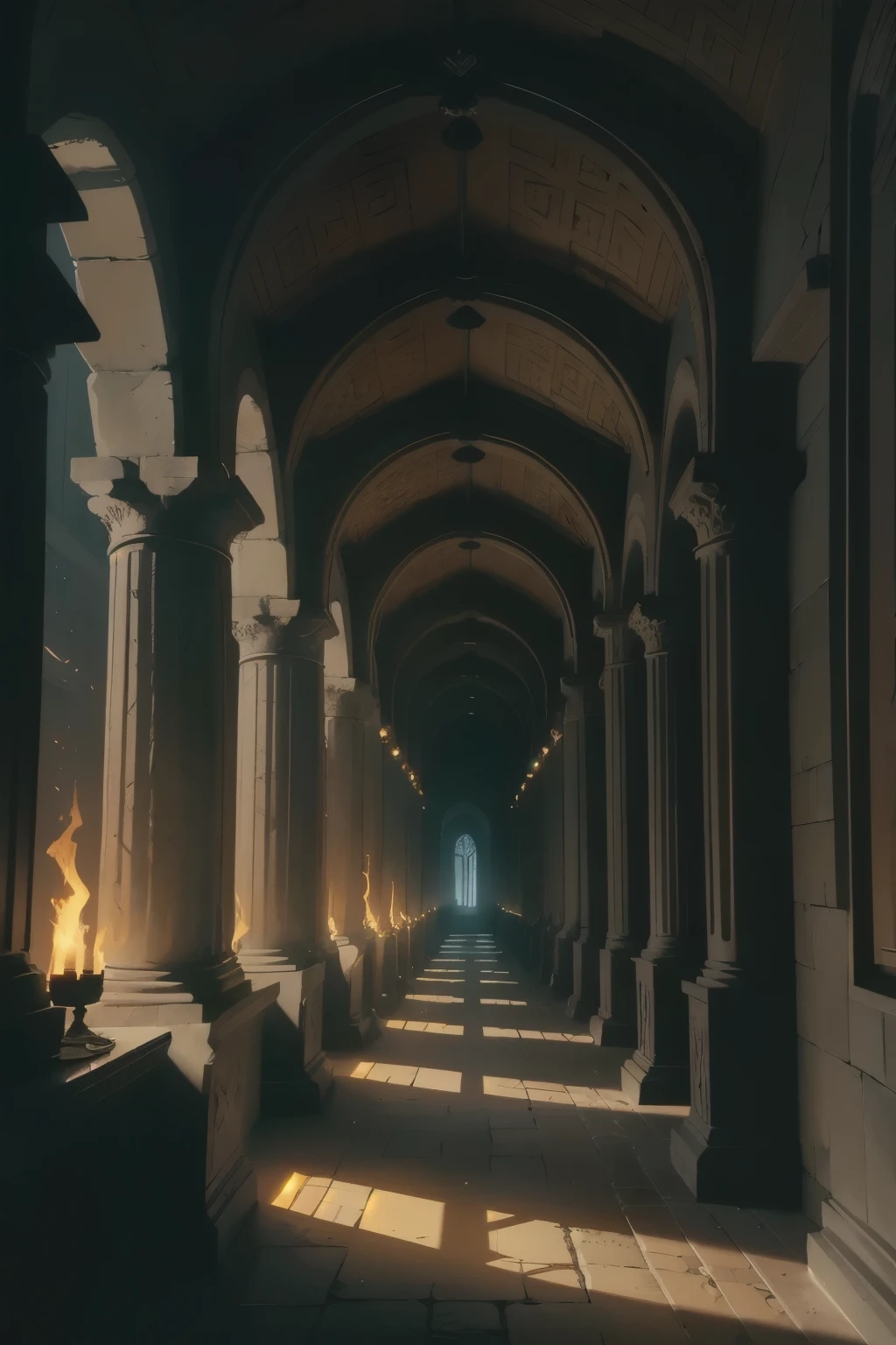 A torch-lit corridor stretches into the distance, the worn stone walls of the Minotaur's labyrinth illuminated by flickering flames. In the shadows, intricately carved Greek columns rise like sentinels, while above, a vaulted ceiling disappears into darkness. The air is heavy with the scent of old parchment and forgotten secrets.