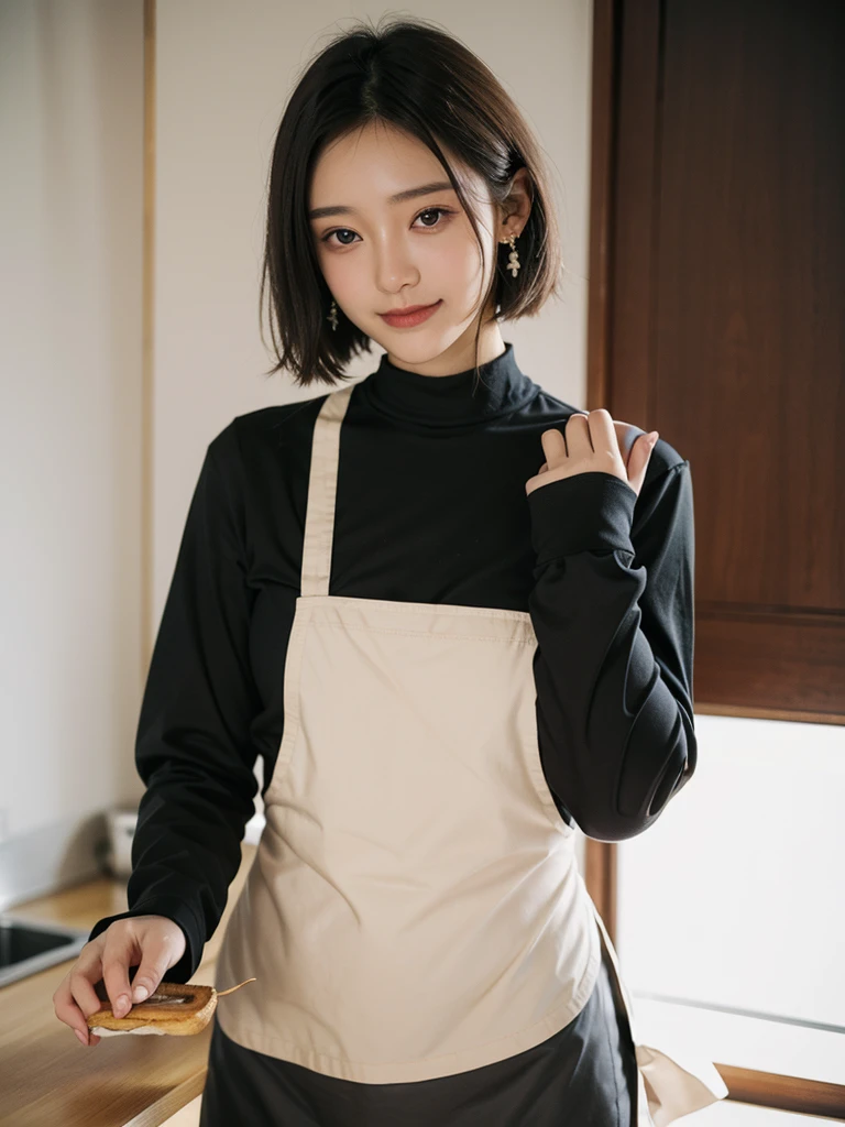 best quality, high quality, 4K, 8K, cafe, female, standing, looking back, short hair, black hair, black eyes, long-sleeved t-shirt, apron, 20-year-old, 30-year-old, japanese, in the cafe, photorealistic, realistic photo, raw photo, cowboy shot, from side, cowboy shot, in focus with blurred background, white, pink, orange