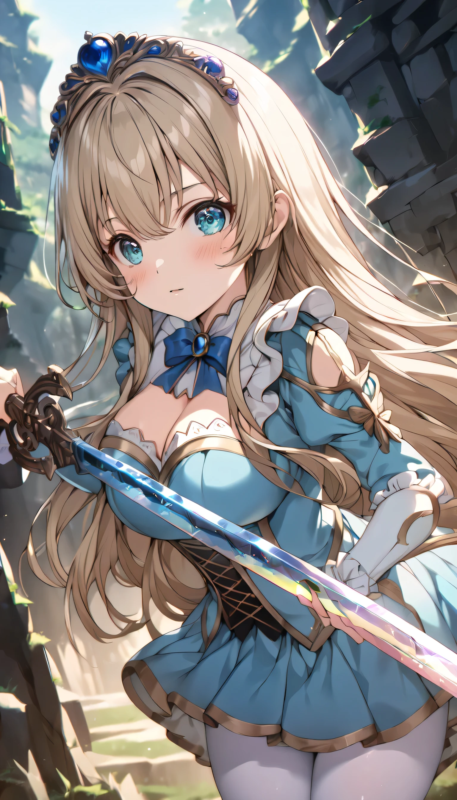 ((ultra-detailed)), (highly detailed CG illustration), (best quality:1.2), ultra-highly detailed, colorful composition, artistic photoshoot, 1girl, solo focus, ((thigh to top:1.4)), ((cowboy shot:1.4)), moe anime character, girl, dainty facial structure, (bab(round face), ((rounded chin:1.2)), ((ideal ratio body proportions)), celia-default, celia claire, alice, alice_in_wonderland, (blue eyes), sparkle eyes, blonde hair color, long hair, ((big blue ribbon on the head, Alice in Wonderland style)), ample breasts, white apron, blue dress, white pantyhose, ((serious)), ((holding a fantasy motif long sword with both hands:1.4)), ((magical sword:1.4)), ((in a battle posture:1.4)), ((dynamic pose)), outdoor, standing in wonderland, from front, best quality, masterpiece, expecting, pink cheek, blush, light pink gloss slip, portrait, depth of field, soft lighting, sidelighting, (shine), lighting, caustics, ray tracing, perfect face, lustrous skin, highly detailed face, highly detailed eyes, perfect face, perfect nose, perfect hair, perfect eyes, perfect anatomy, beautiful hair, beautiful small face, extremely detailed face, beautiful detailed eyes, beautiful clavicle, beautiful body, beautiful huge breasts, leavage, breasts squeezed together, equalize the size of the left and right breasts, beautiful thin thighs, beautiful legs, beautiful fingers, 4 fingers, 1 thumb, lovely, (very detailed background:1.0), (highly detailed background:1.0), colorful aesthetic, intricate details, serious atmosphere, mysterious atmosphere, colorful palatmosphereette, chromatic aberration