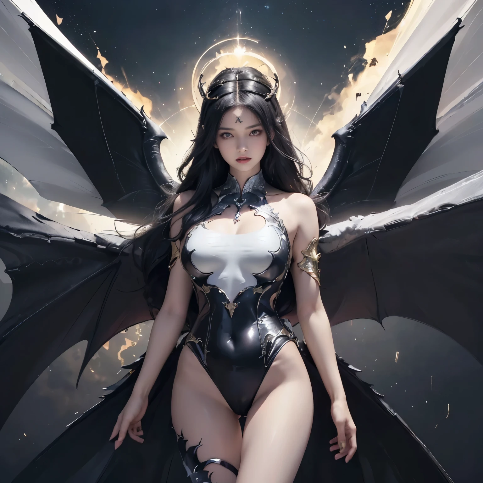 (Realistic picture, highest resolution, 16ก), (A demon god with wide wings and enormous power on his shoulders..., Twelve wings on the shoulders., black bat wings:1.3 white angel wings:1.5), 6 angel wings, 6 devil wings, (Beautiful girl with two meter long hair, shiny black hairงาม, Smooth white skin, Lips are very red.), ((stand, already)), (big breasts, หัวBig tits), (gigantic breast, breast augmentation, Breast 400 cc., small waist, hips raised, small thighs, Long legs), (dynamic poses), (Armor that slightly conceals the body), Separate theme, (Angel wings and devil wings), floating in the air above the groundดิน, background darkness, Embraced with twelve wings, wearing a large king crown, crown shining bright, wears little armor, There is power coming out of the body., sparkling wings, white light black light, amazing wings, beautiful gesture, 8K resolution, Resolution 4000 x 2250 pixels, beautiful gesture, Angel wings and devil wings, (Realistic picture, highest resolution, 16K), (A demon god with wide wings and enormous power on his shoulders.., Twelve wings on the shoulders., black bat wings:1.3 white angel wings:1.5), Have wings 100 Have wings 1000, Angel wings and bat wings, wings inserted between wings, 12 wings, 6 angel wings, 6 bat wings, (Beautiful girl with two meter long hair, shiny black hair, Smooth white skin, Lips are very red.), very long hair, ((stand, toe)), (big breastsโต, หัวBig tits), (gigantic breast, small waist, hips raised, small thighs, Long legs), (dynamic poses), (black and white leotard, There are beautiful patterns., Decorated with gold embroidery., Show off your chest), Separate theme, (Angel Wings and Demon Lord Wings), floating in the air above the ground, background darkness, Embraced with twelve wings, white and black light crown, A rainbow glow on the back of the head, The most busty breasts, Big tits, universe backdrop, dynamic gesture.