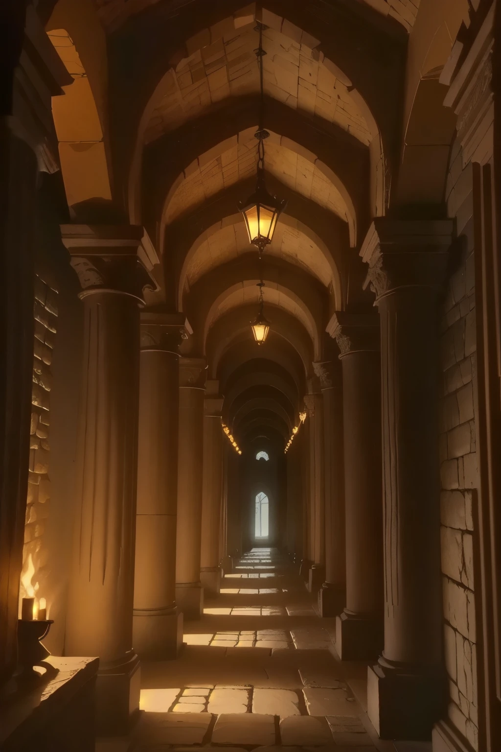 A torch-lit corridor stretches into the distance, the worn stone walls of the Minotaur's labyrinth illuminated by flickering flames. In the shadows, intricately carved Greek columns rise like sentinels, while above, a vaulted ceiling disappears into darkness. The air is heavy with the scent of old parchment and forgotten secrets.