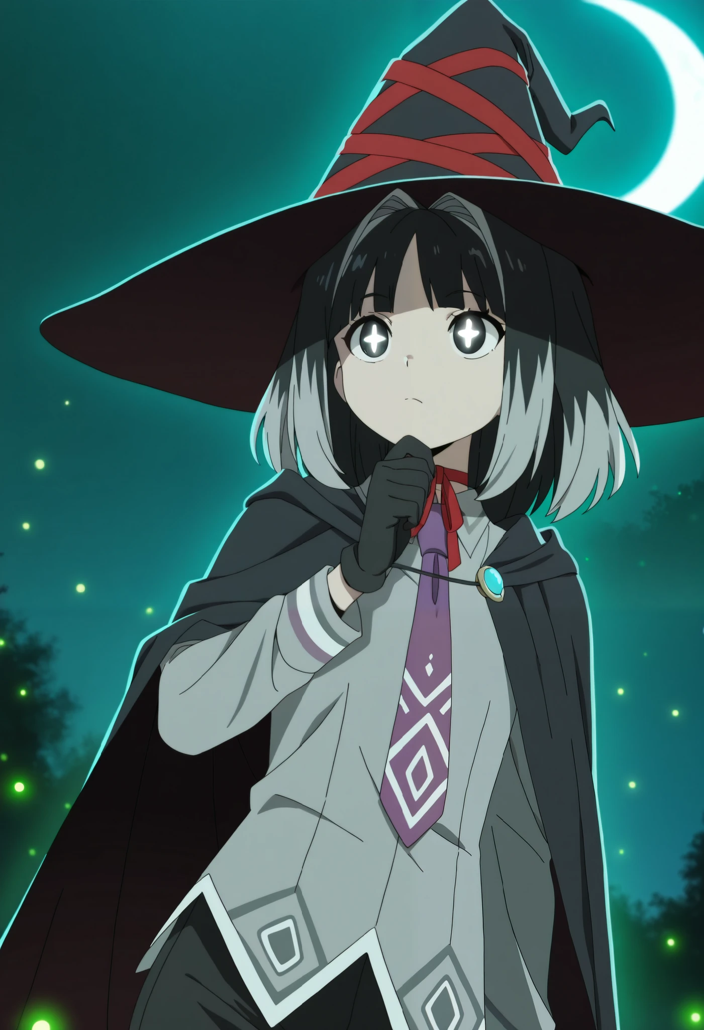 masterpiece, best quality, 1girl, ite, dynamic angle, upper body, curious, closed mouth, looking ahead, (black eyes, symbol-shaped pupils, +_+, glowing eyes), (headwear, black witch hat, white zig-zag pattern, printed,jewelry), (medium hair, hair intakes, black hair, multicolored hair, grey tips hair, bangs), (red ribbon choker, grey shirt, collared shirt, purple necktie, long sleeves, black cape, white striped, black gloves, black trousers), (one hand on chin), (outdoors, fireflies, crescent moon, dark background, walking), low lighting, moonlight, anime screencap, 